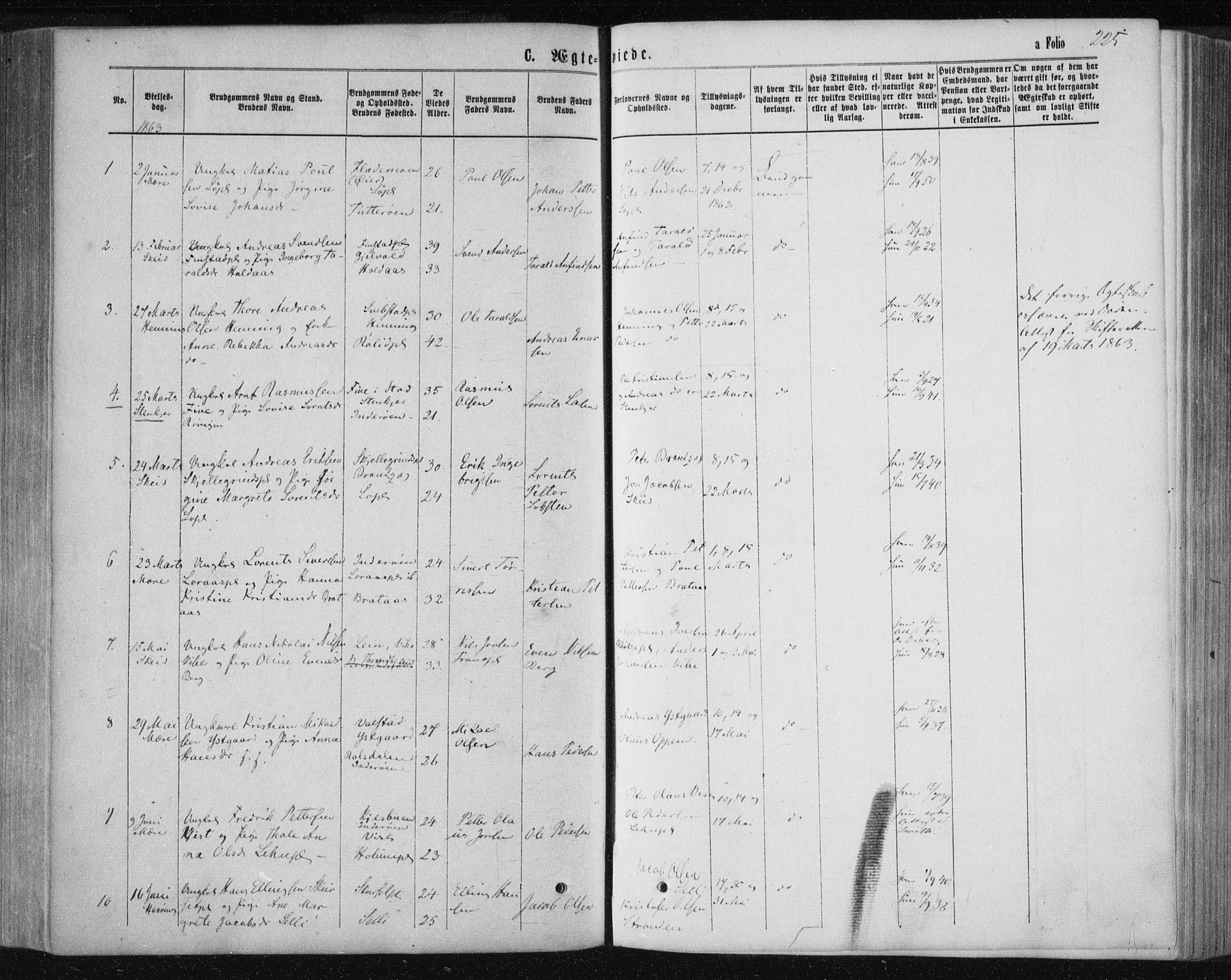 Ministerialprotokoller, klokkerbøker og fødselsregistre - Nord-Trøndelag, AV/SAT-A-1458/735/L0345: Parish register (official) no. 735A08 /1, 1863-1872, p. 225