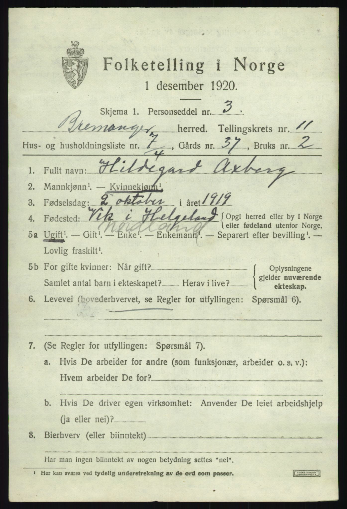 SAB, 1920 census for Bremanger, 1920, p. 5822