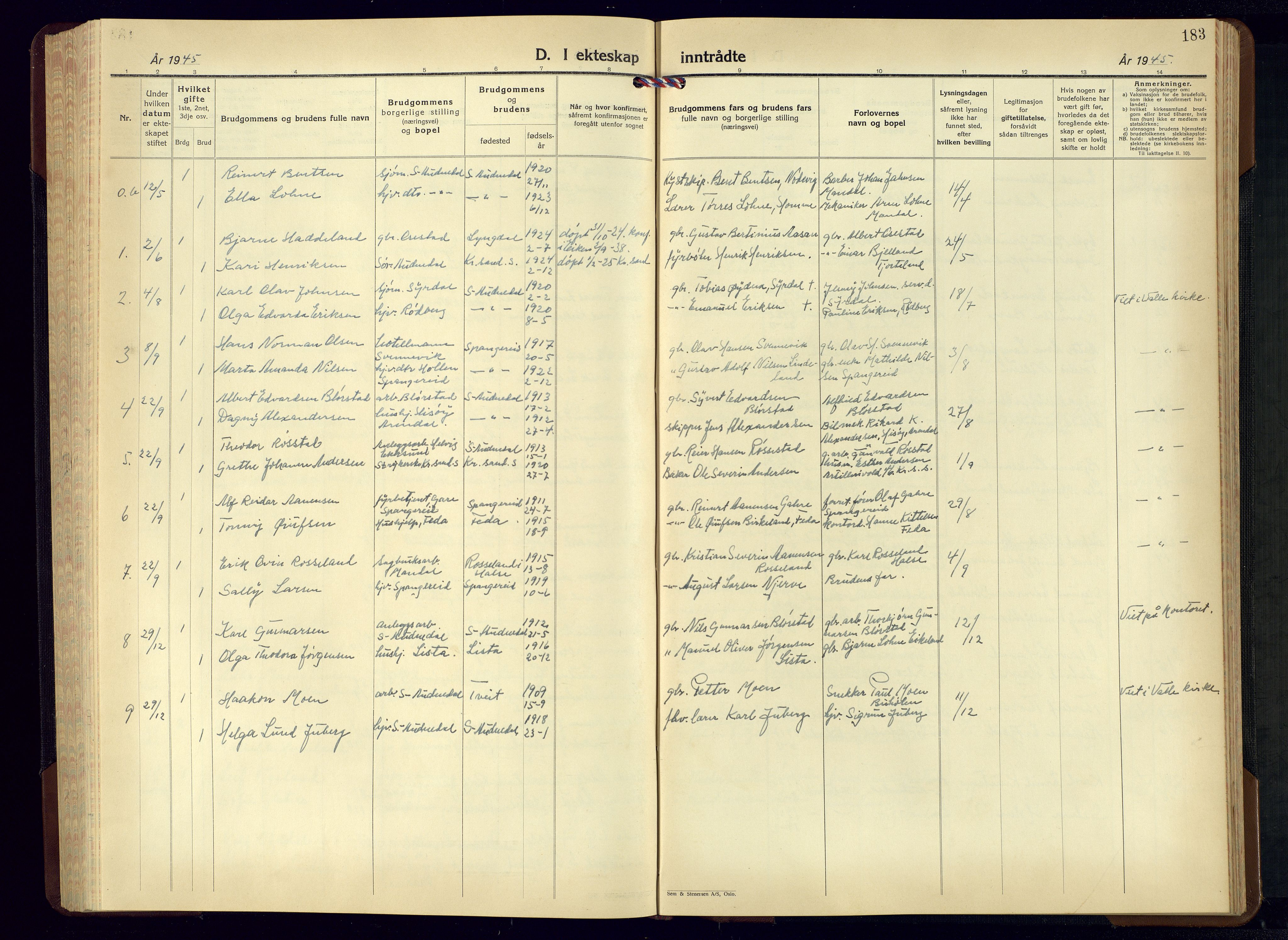 Sør-Audnedal sokneprestkontor, SAK/1111-0039/F/Fb/Fbb/L0007: Parish register (copy) no. B-7, 1939-1965, p. 183