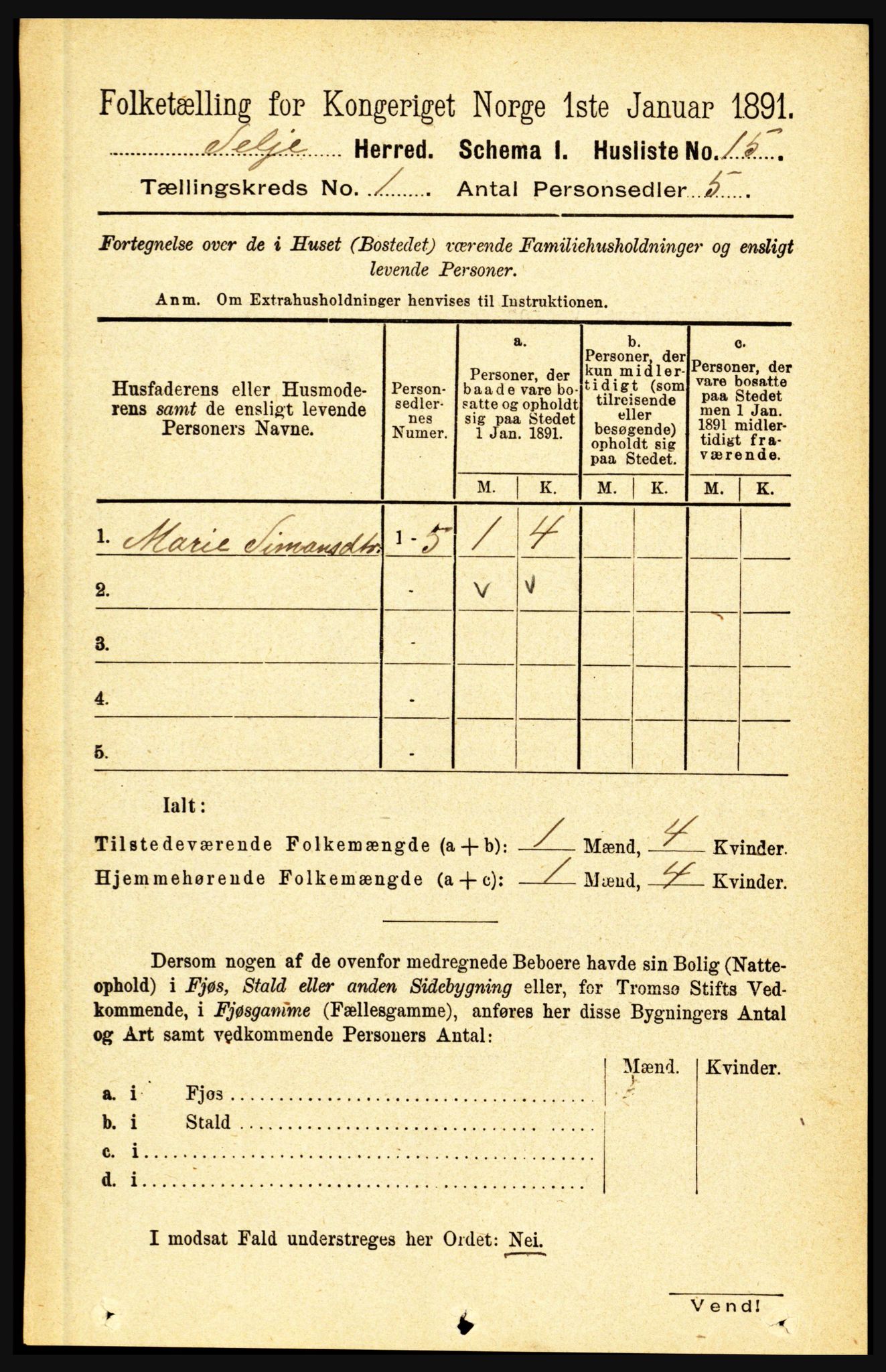 RA, 1891 census for 1441 Selje, 1891, p. 54