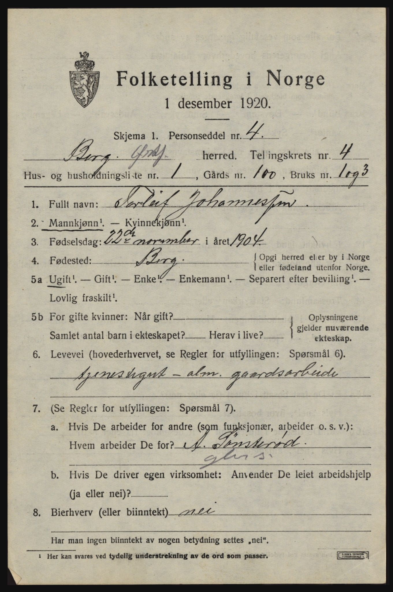 SAO, 1920 census for Berg, 1920, p. 8133