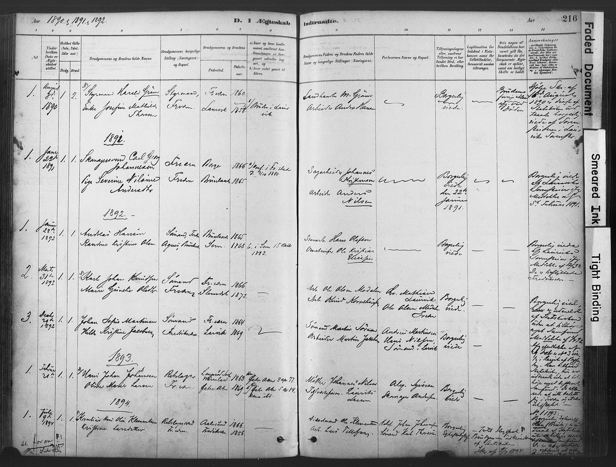 Stavern kirkebøker, AV/SAKO-A-318/F/Fa/L0008: Parish register (official) no. 8, 1878-1905, p. 216