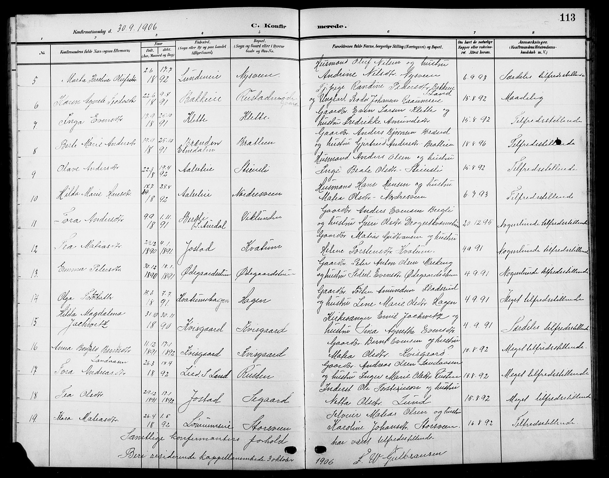 Biri prestekontor, SAH/PREST-096/H/Ha/Hab/L0005: Parish register (copy) no. 5, 1906-1919, p. 113
