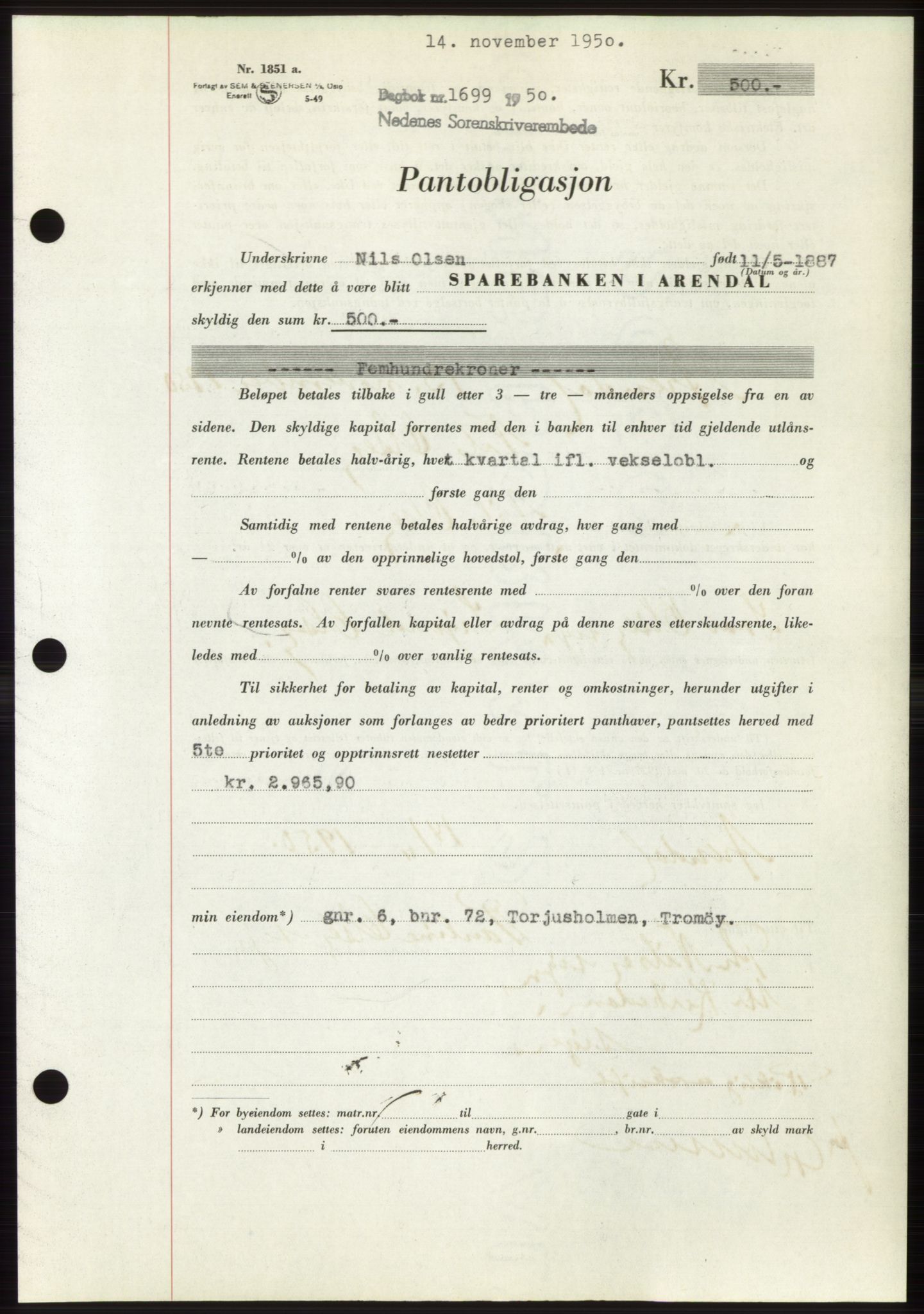 Nedenes sorenskriveri, AV/SAK-1221-0006/G/Gb/Gbb/L0008: Mortgage book no. B8, 1950-1950, Diary no: : 1699/1950