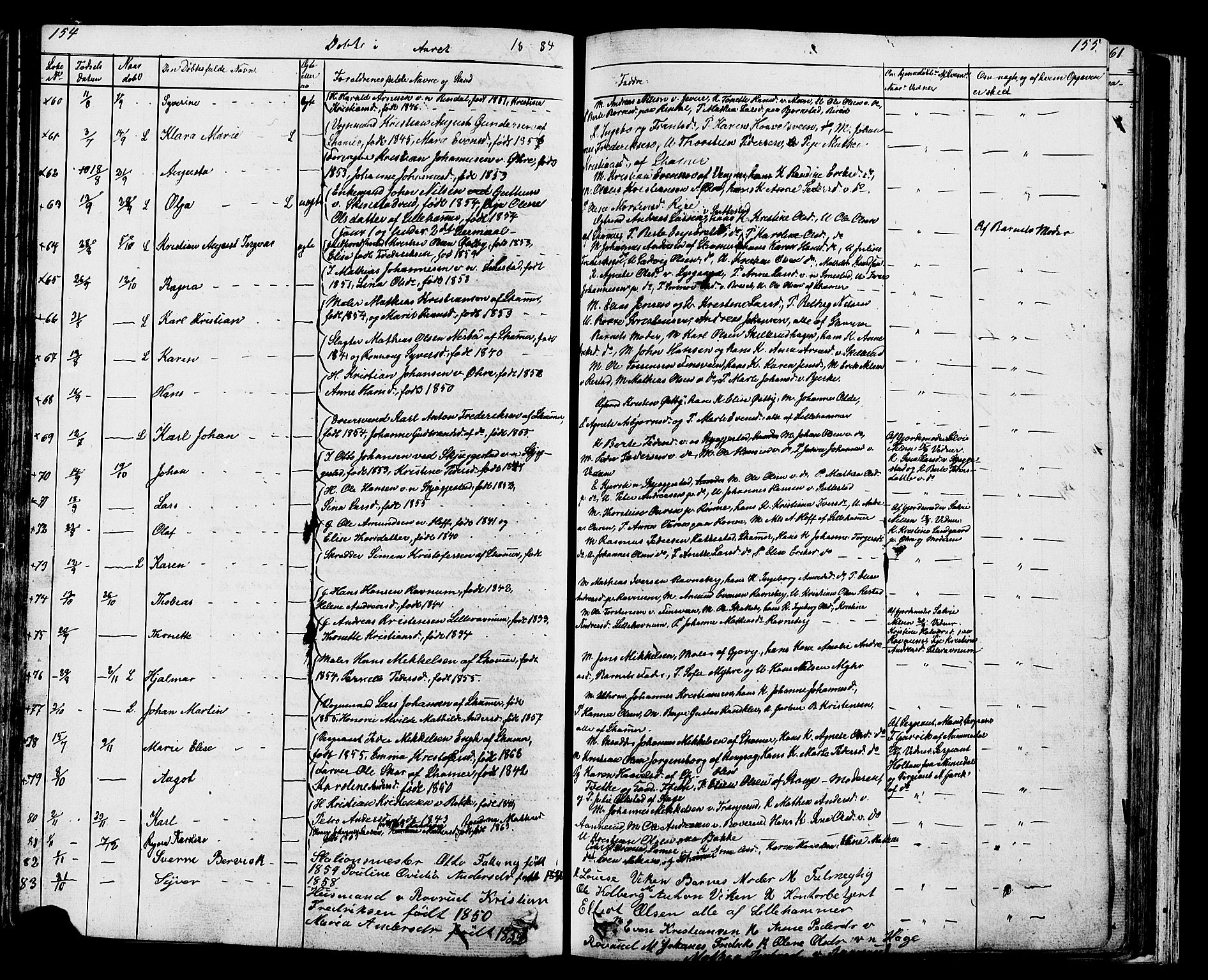 Fåberg prestekontor, AV/SAH-PREST-086/H/Ha/Hab/L0007: Parish register (copy) no. 7, 1856-1891, p. 154-155