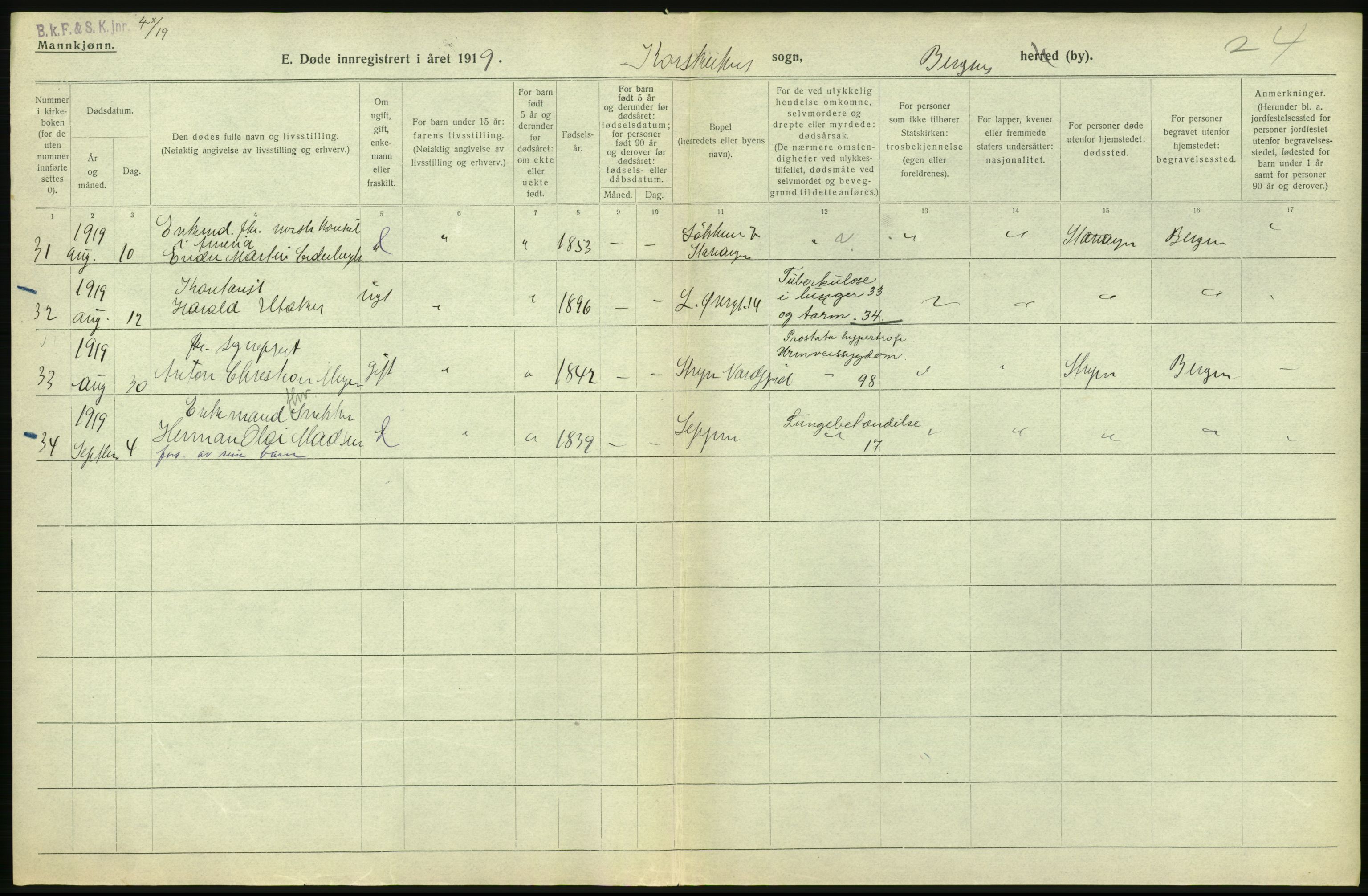 Statistisk sentralbyrå, Sosiodemografiske emner, Befolkning, AV/RA-S-2228/D/Df/Dfb/Dfbi/L0035: Bergen: Gifte, døde, dødfødte., 1919, p. 666