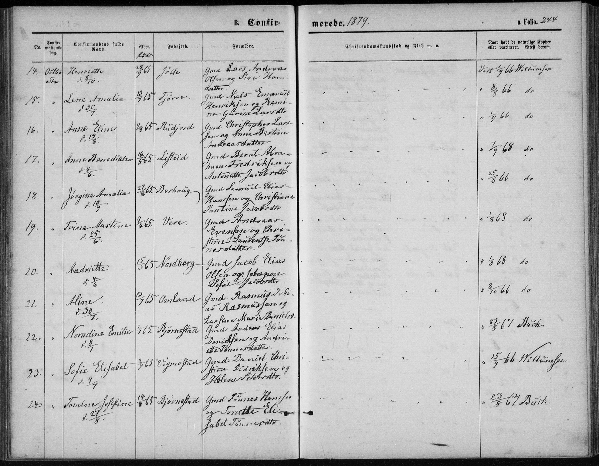 Lista sokneprestkontor, AV/SAK-1111-0027/F/Fb/L0004: Parish register (copy) no. B 4, 1877-1891, p. 244