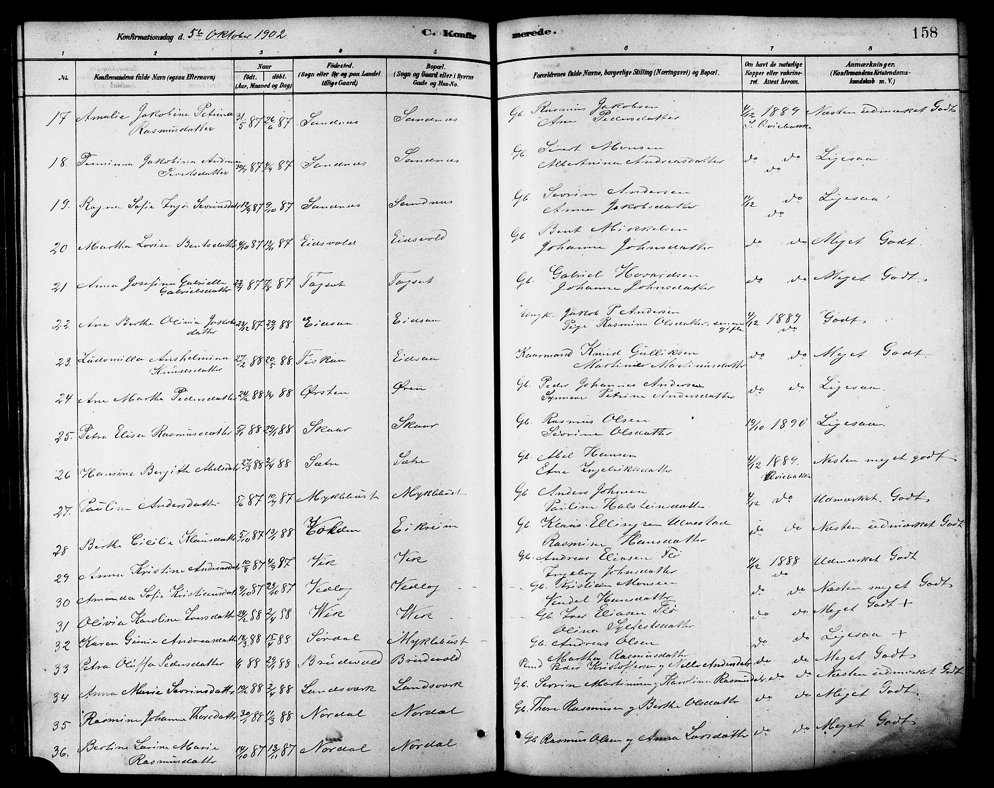 Ministerialprotokoller, klokkerbøker og fødselsregistre - Møre og Romsdal, AV/SAT-A-1454/502/L0027: Parish register (copy) no. 502C01, 1878-1908, p. 158