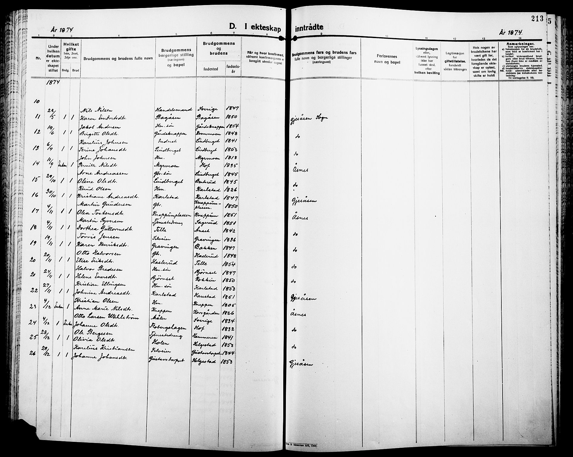 Åsnes prestekontor, SAH/PREST-042/H/Ha/Haa/L0000B: Parish register (official), 1870-1889, p. 213