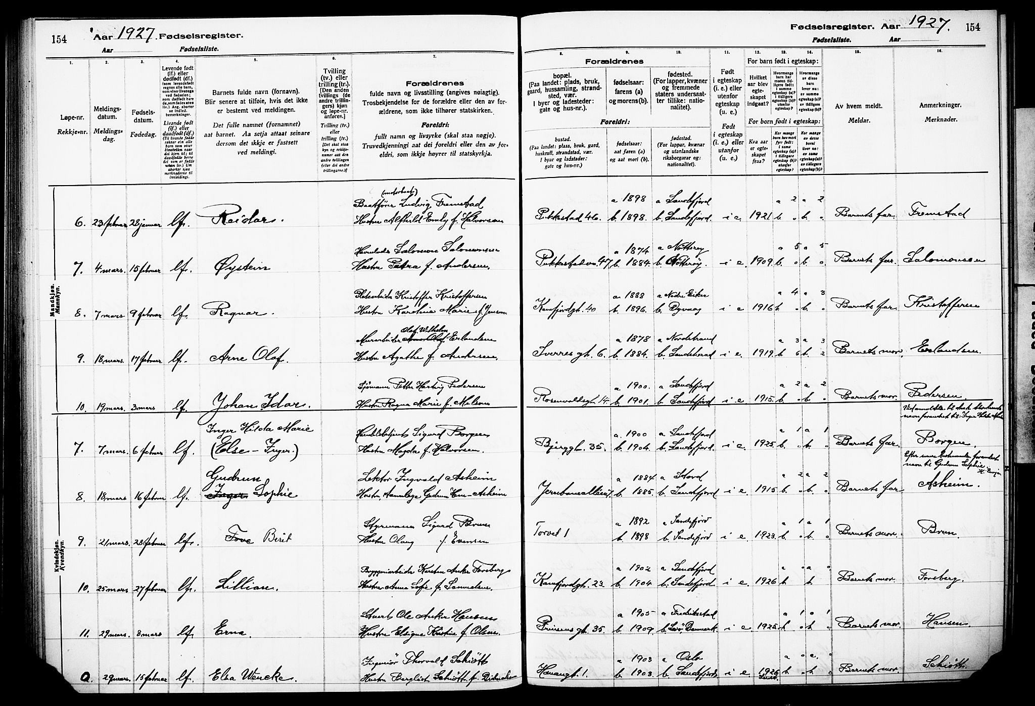 Sandefjord kirkebøker, AV/SAKO-A-315/J/Ja/L0001: Birth register no. 1, 1916-1932, p. 154