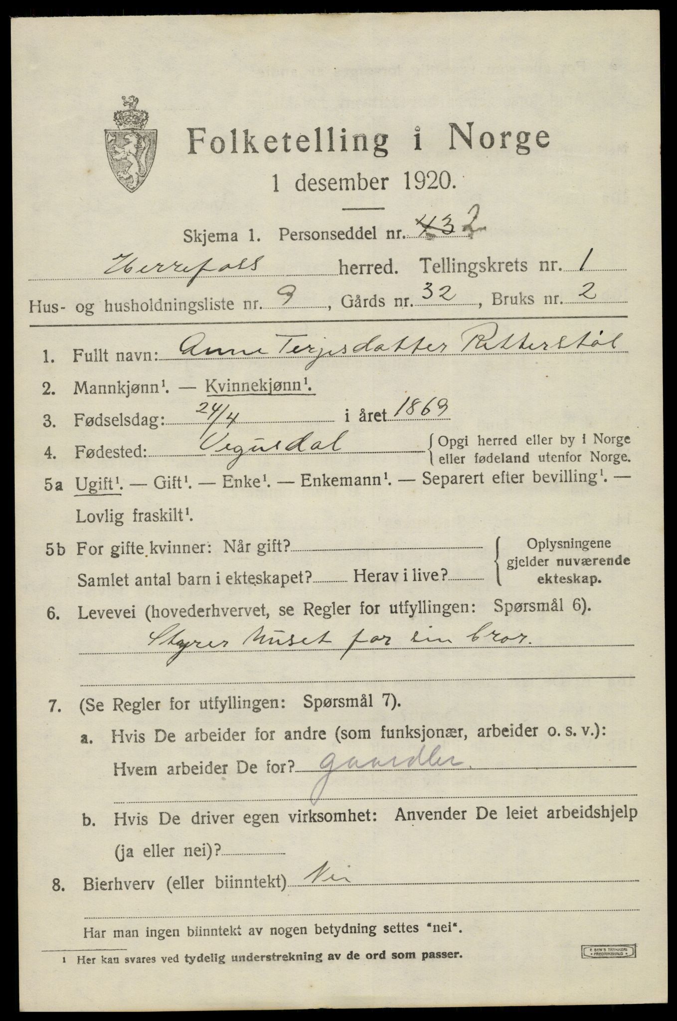 SAK, 1920 census for Herefoss, 1920, p. 316