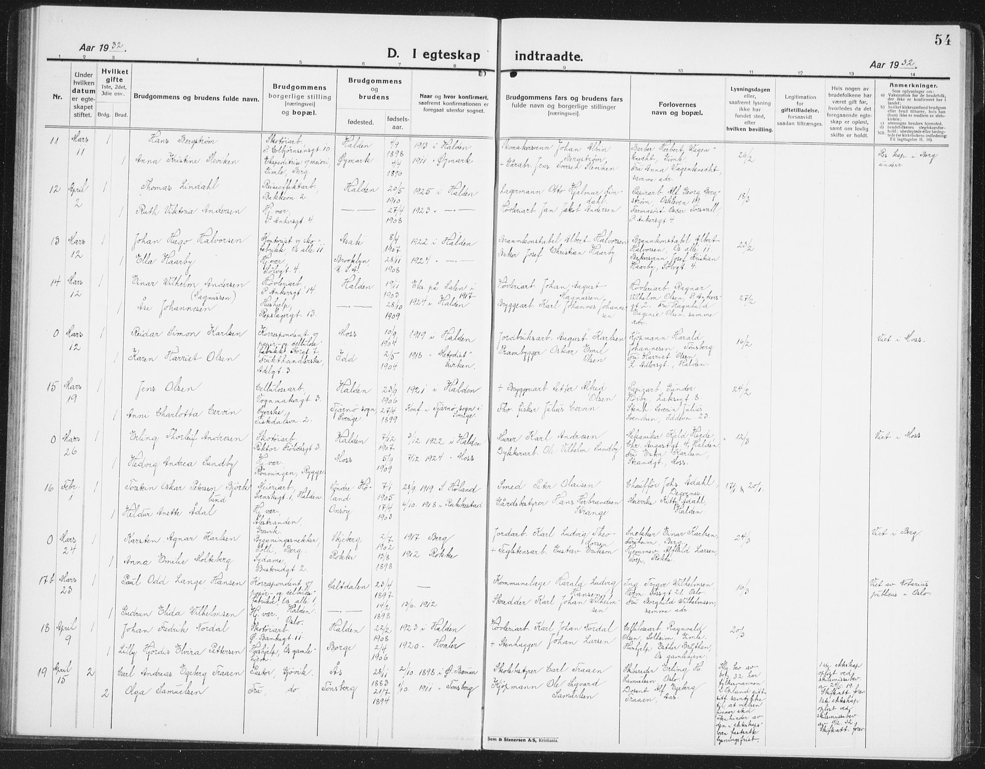 Halden prestekontor Kirkebøker, SAO/A-10909/G/Ga/L0014: Parish register (copy) no. 14, 1925-1943, p. 54