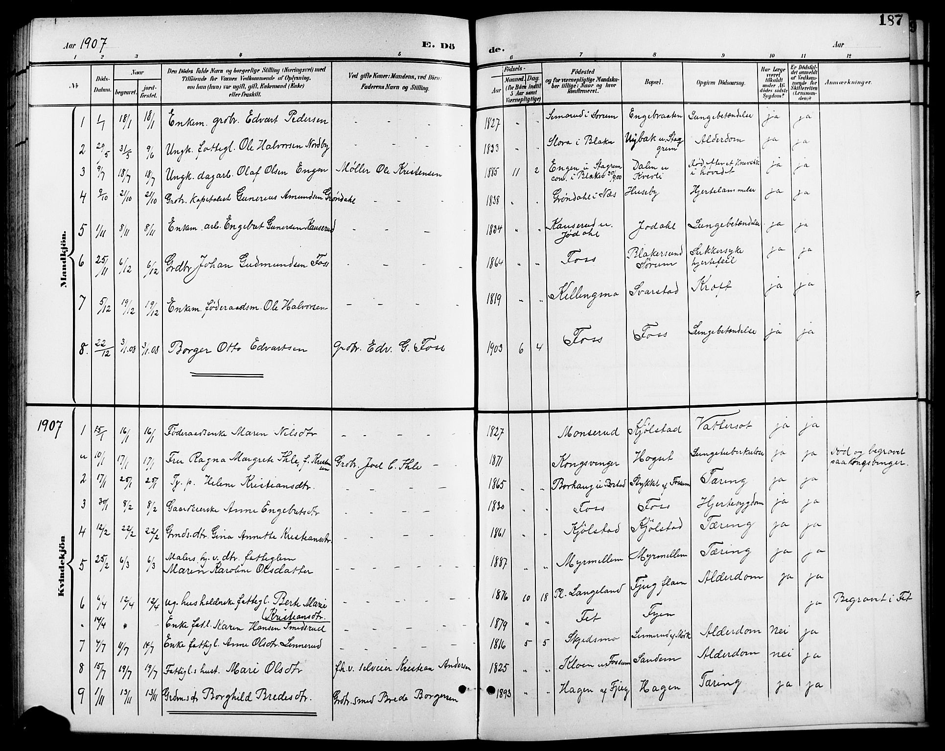 Aurskog prestekontor Kirkebøker, SAO/A-10304a/G/Gb/L0002: Parish register (copy) no. II 2, 1901-1926, p. 187