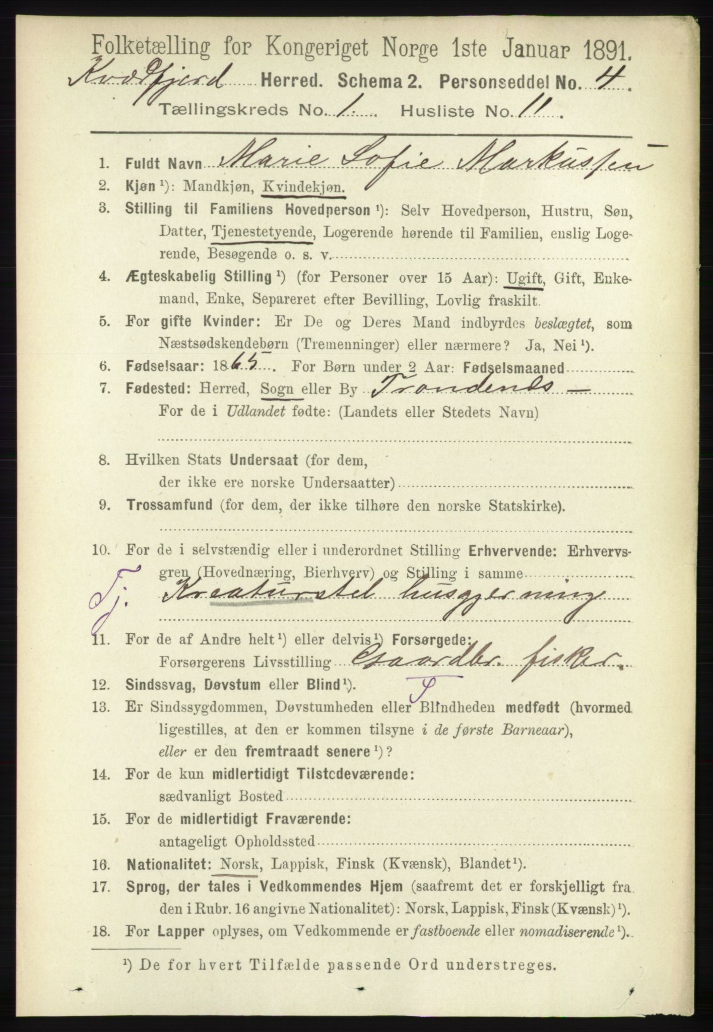 RA, 1891 census for 1911 Kvæfjord, 1891, p. 166