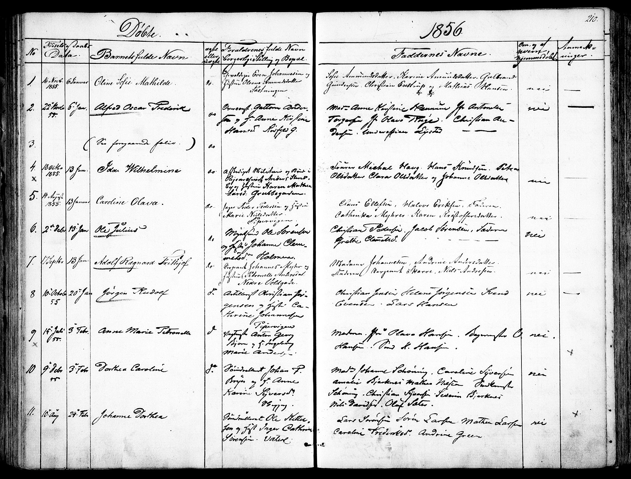Garnisonsmenigheten Kirkebøker, SAO/A-10846/F/Fa/L0008: Parish register (official) no. 8, 1842-1859, p. 210