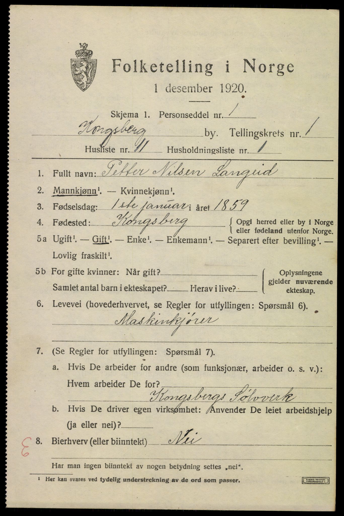 SAKO, 1920 census for Kongsberg, 1920, p. 5826