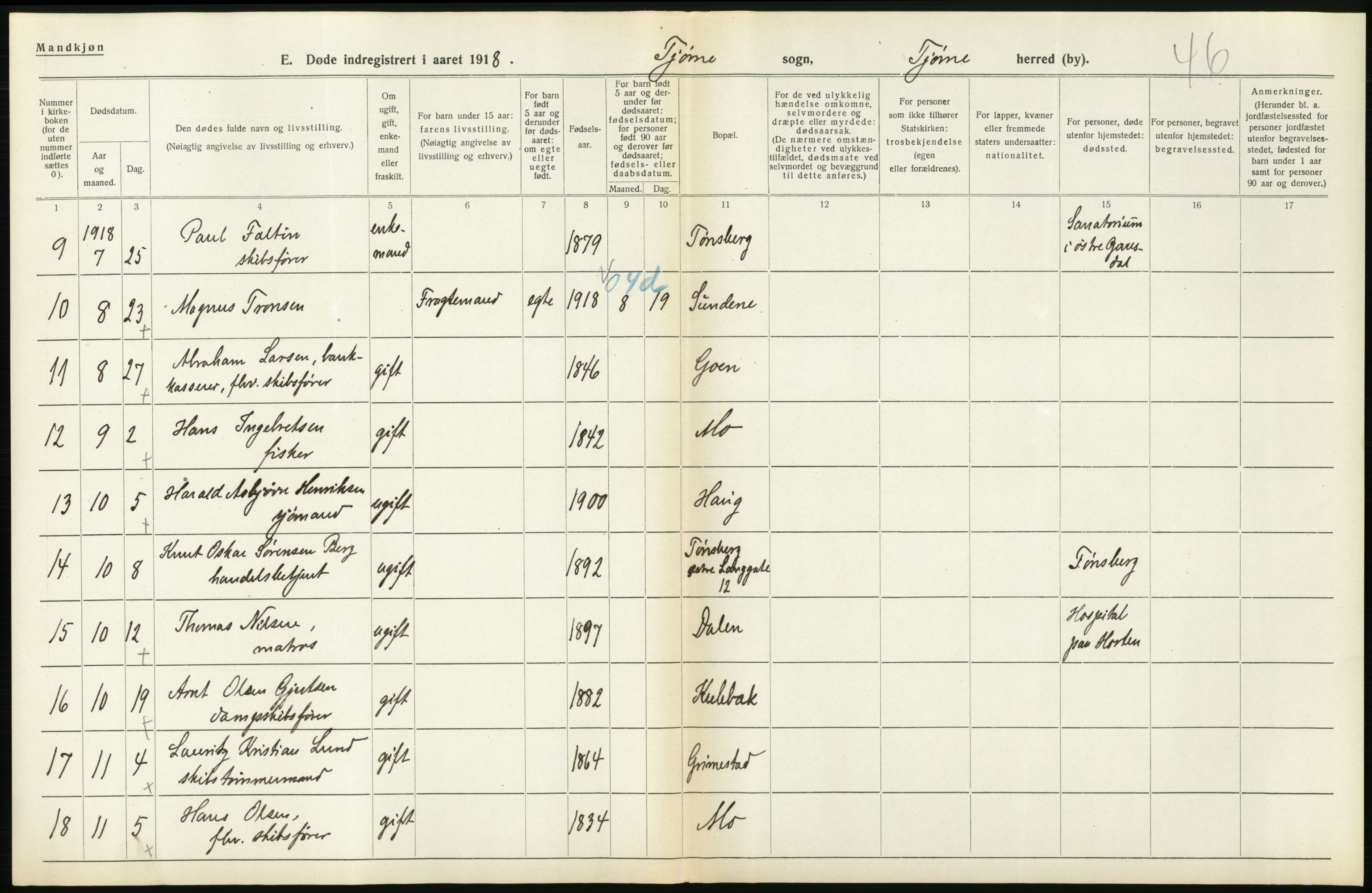 Statistisk sentralbyrå, Sosiodemografiske emner, Befolkning, AV/RA-S-2228/D/Df/Dfb/Dfbh/L0023: Vestfold fylke: Døde. Bygder og byer., 1918, p. 104