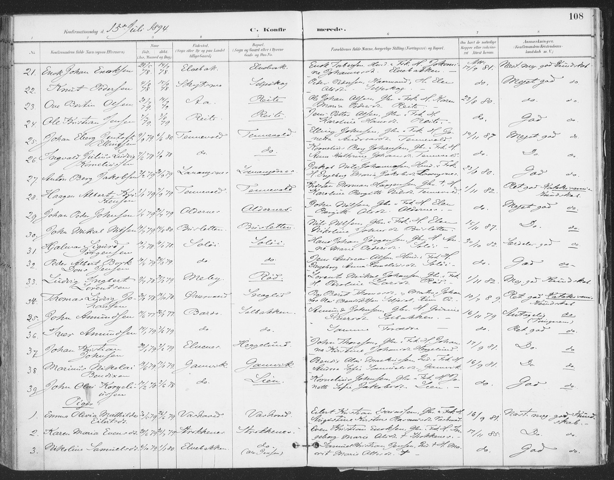 Ibestad sokneprestembete, AV/SATØ-S-0077/H/Ha/Haa/L0015kirke: Parish register (official) no. 15, 1888-1899, p. 108