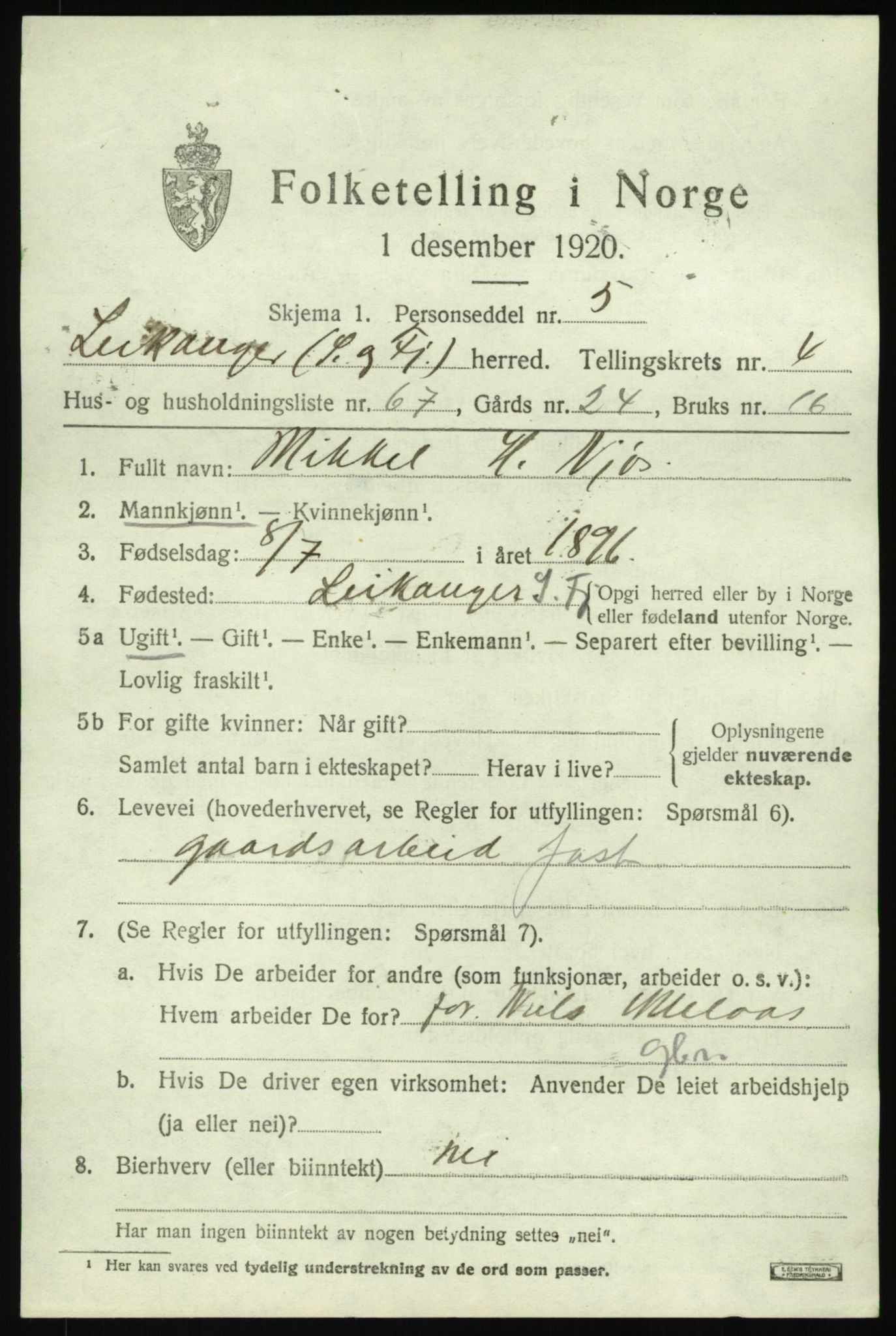 SAB, 1920 census for Leikanger, 1920, p. 3576