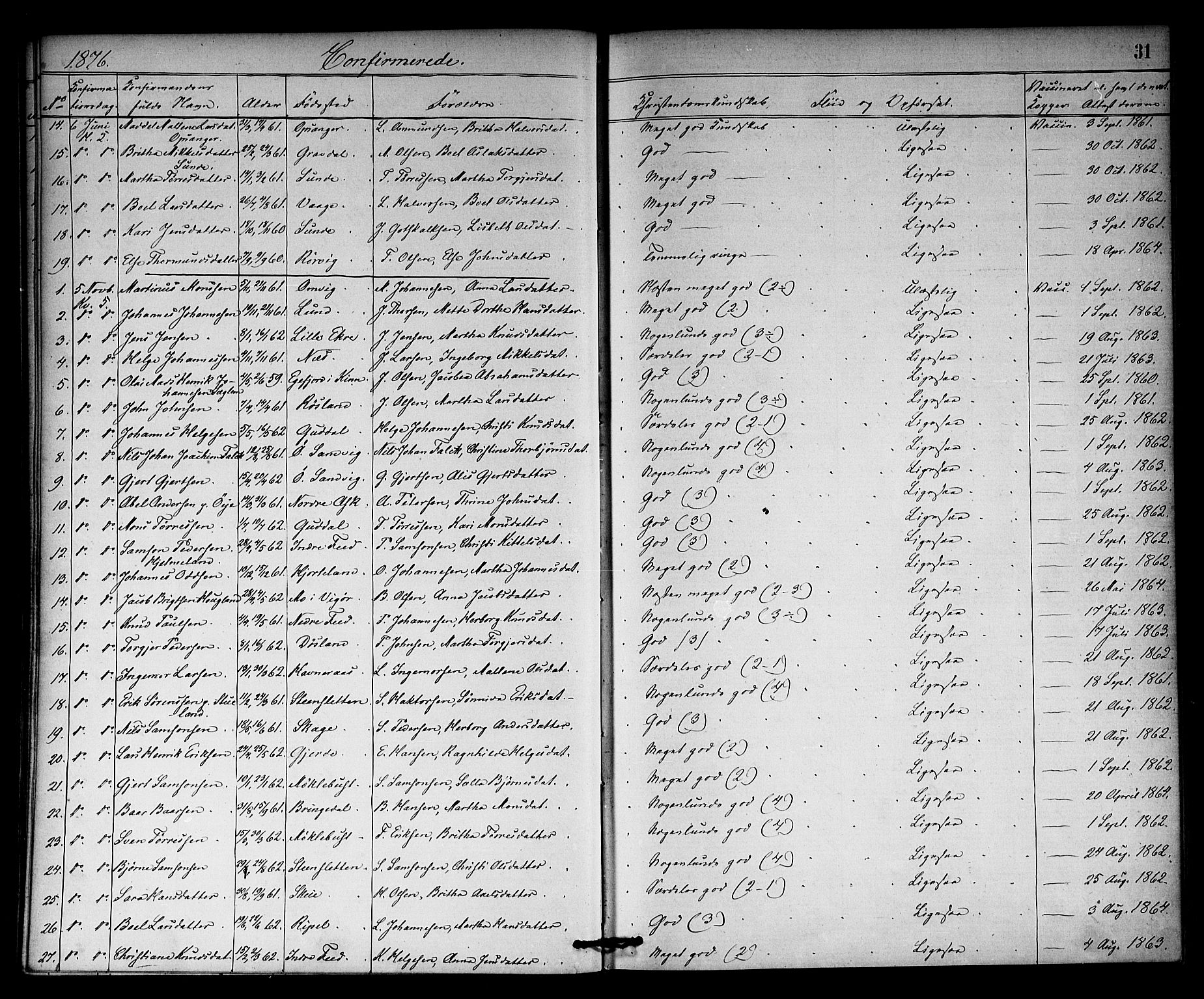 Kvinnherad sokneprestembete, SAB/A-76401/H/Haa: Parish register (official) no. A 10, 1867-1886, p. 31