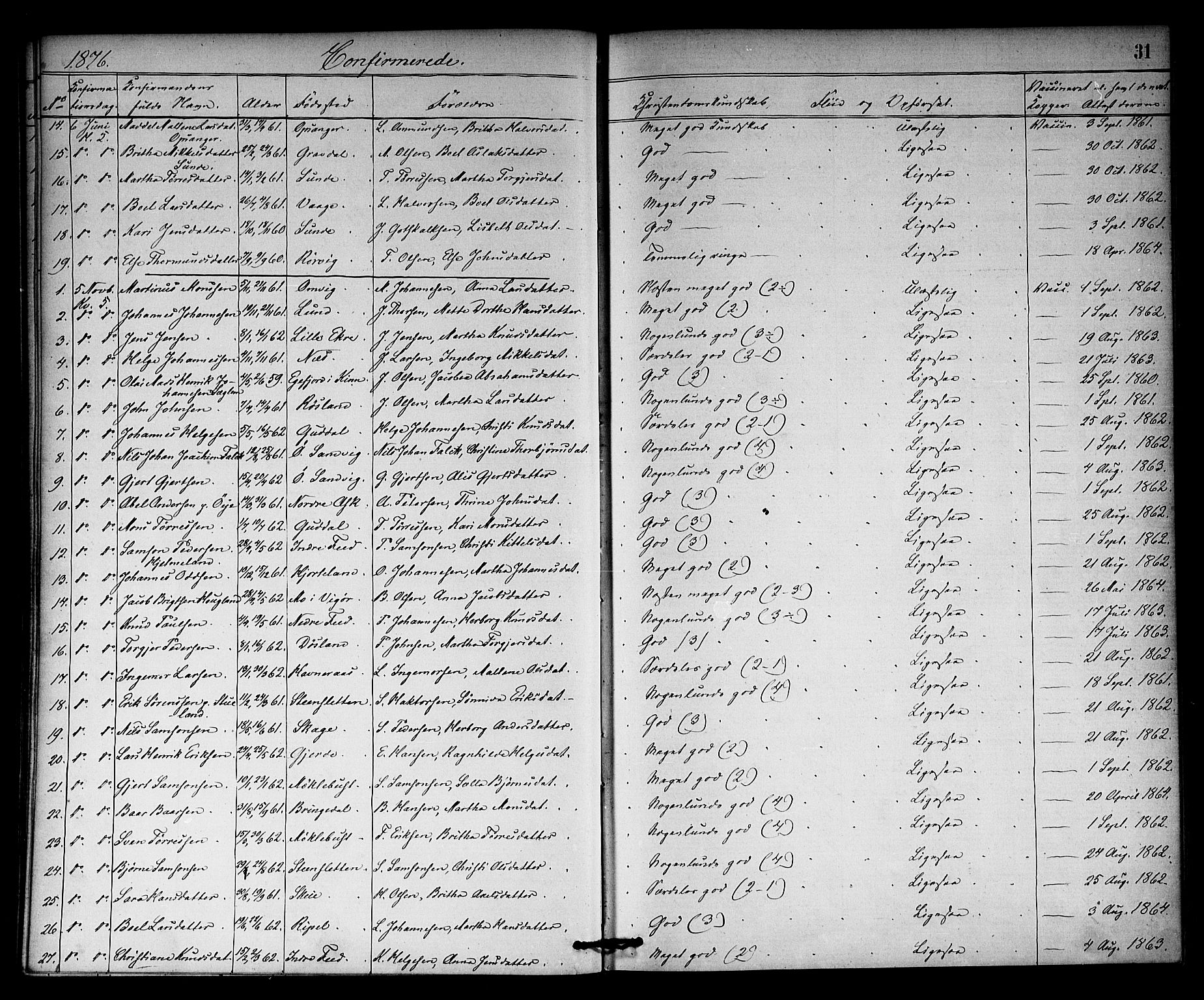 Kvinnherad sokneprestembete, AV/SAB-A-76401/H/Haa: Parish register (official) no. A 10, 1867-1886, p. 31