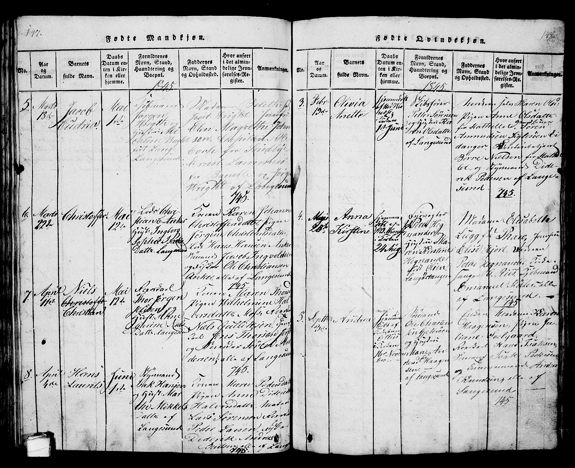 Langesund kirkebøker, SAKO/A-280/G/Ga/L0003: Parish register (copy) no. 3, 1815-1858, p. 147-148