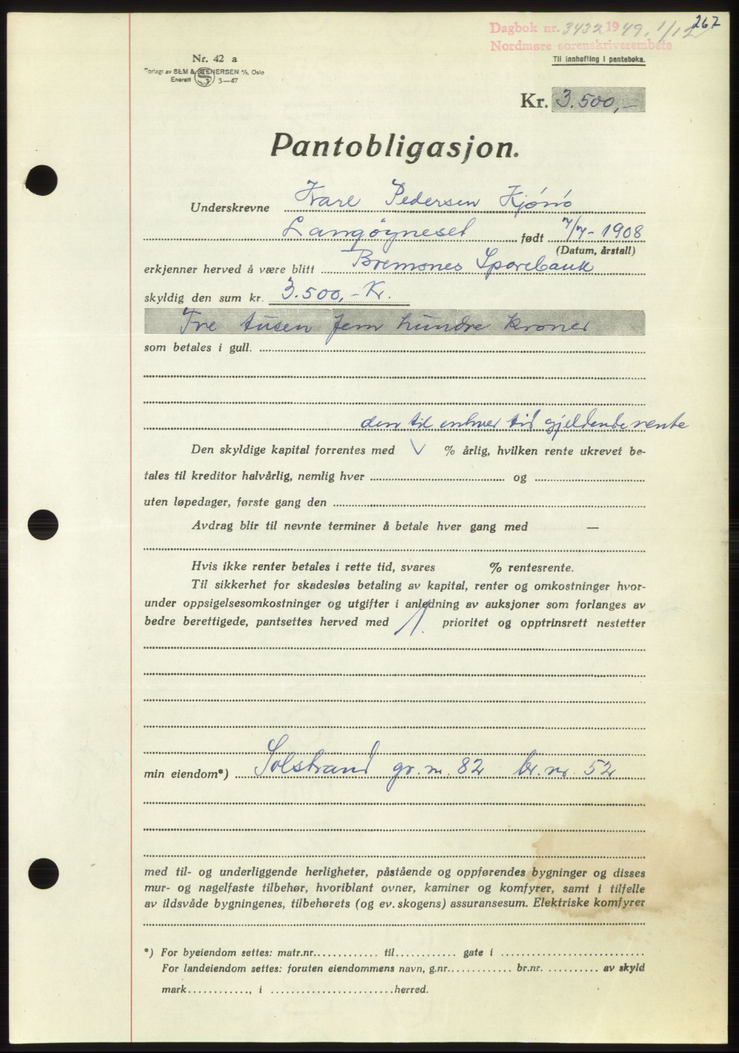 Nordmøre sorenskriveri, AV/SAT-A-4132/1/2/2Ca: Mortgage book no. B103, 1949-1950, Diary no: : 3432/1949