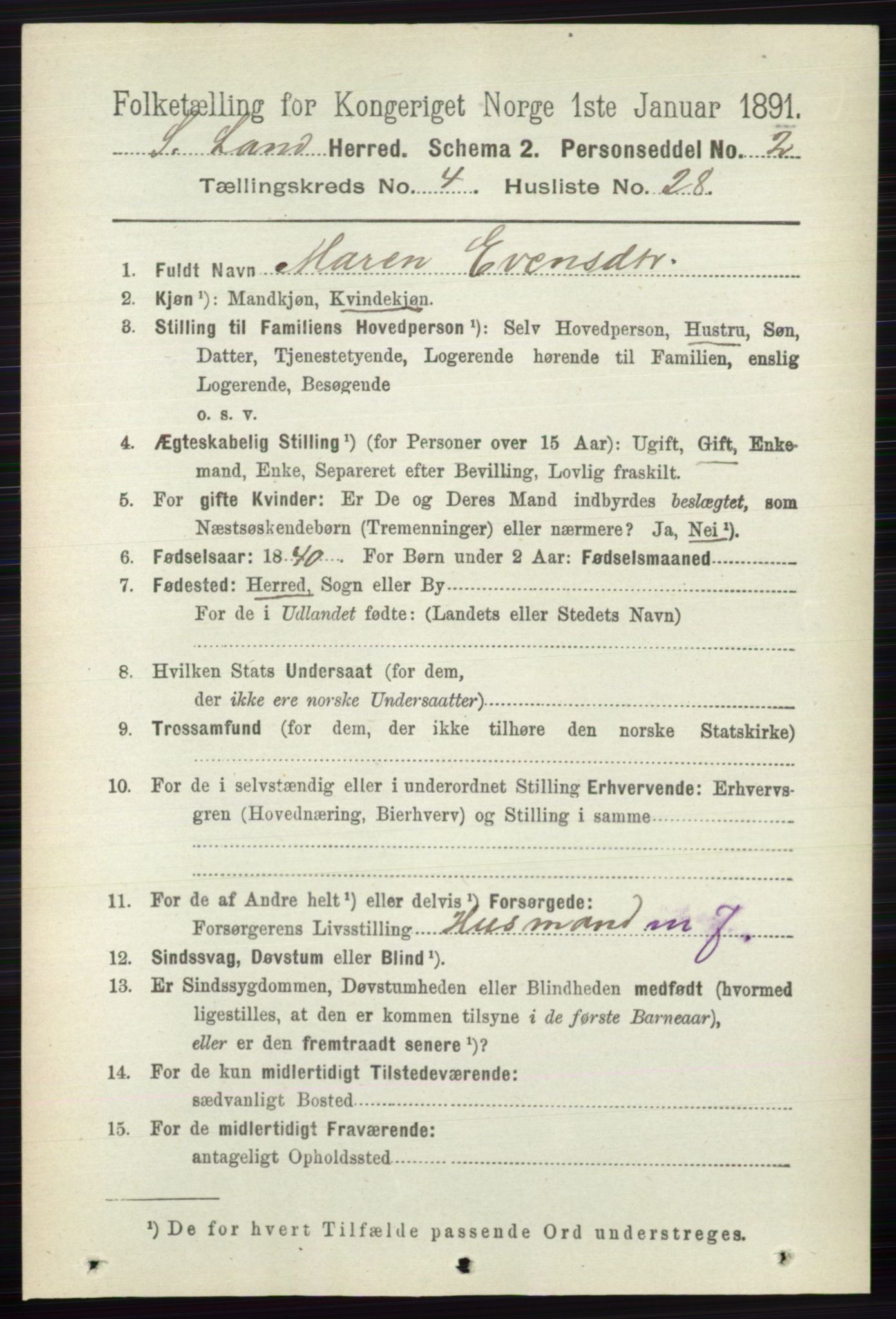 RA, 1891 census for 0536 Søndre Land, 1891, p. 4149