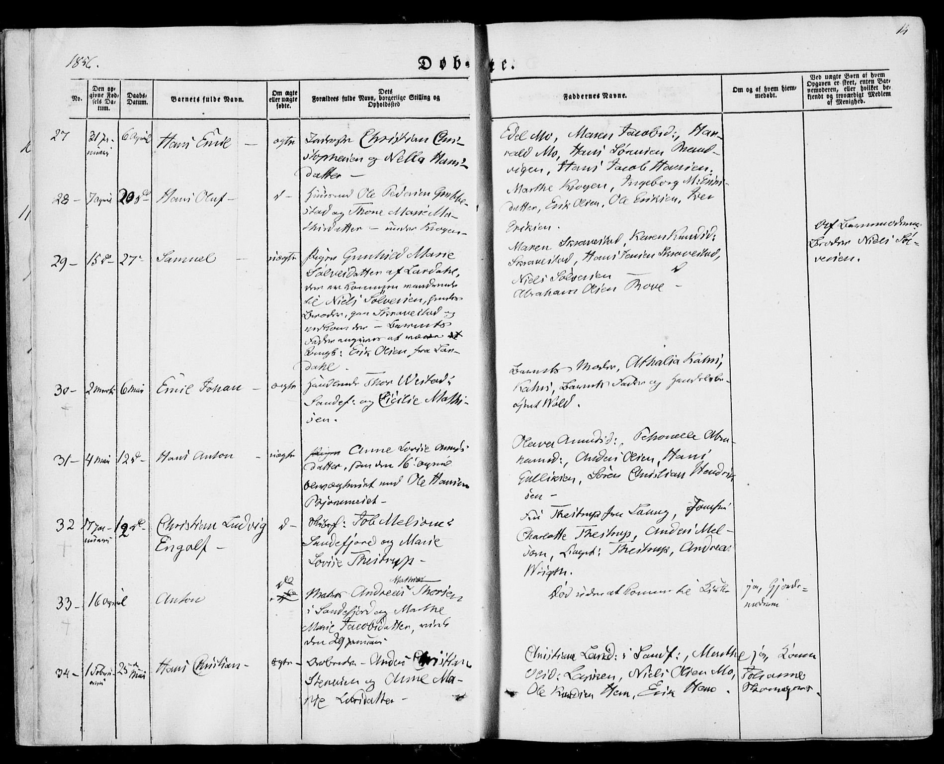 Sandar kirkebøker, SAKO/A-243/F/Fa/L0007: Parish register (official) no. 7, 1855-1861, p. 14