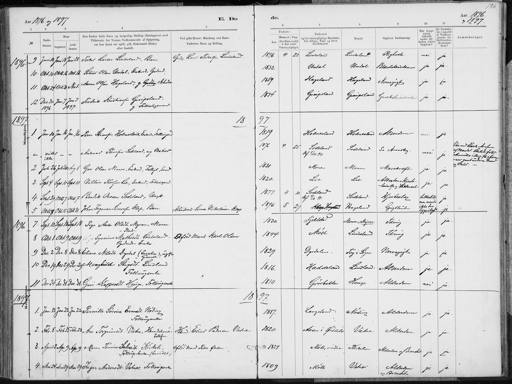 Holum sokneprestkontor, SAK/1111-0022/F/Fa/Faa/L0007: Parish register (official) no. A 7, 1884-1907, p. 186
