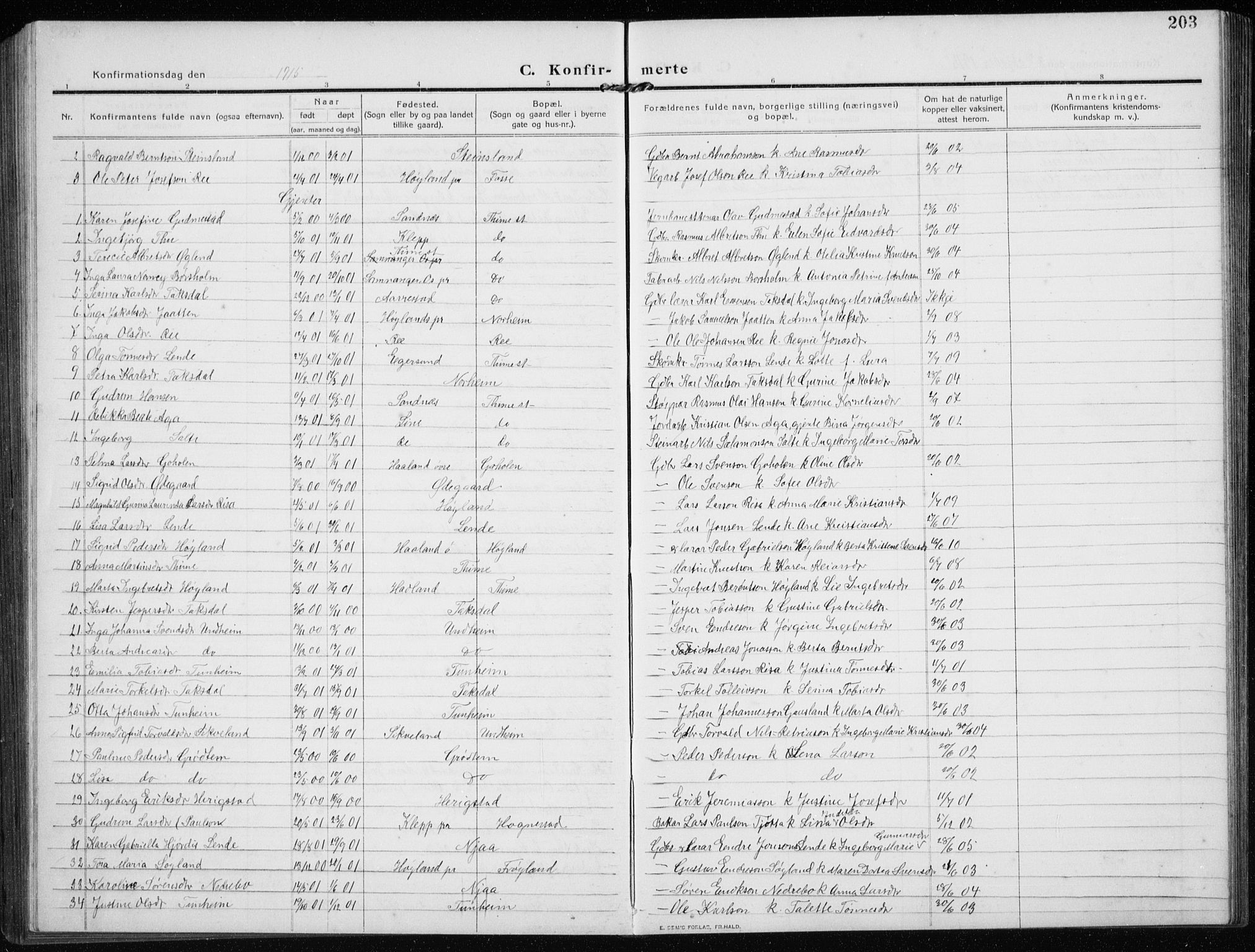 Time sokneprestkontor, AV/SAST-A-101795/001/30BB/L0001: Parish register (copy) no. B 1, 1910-1932, p. 203