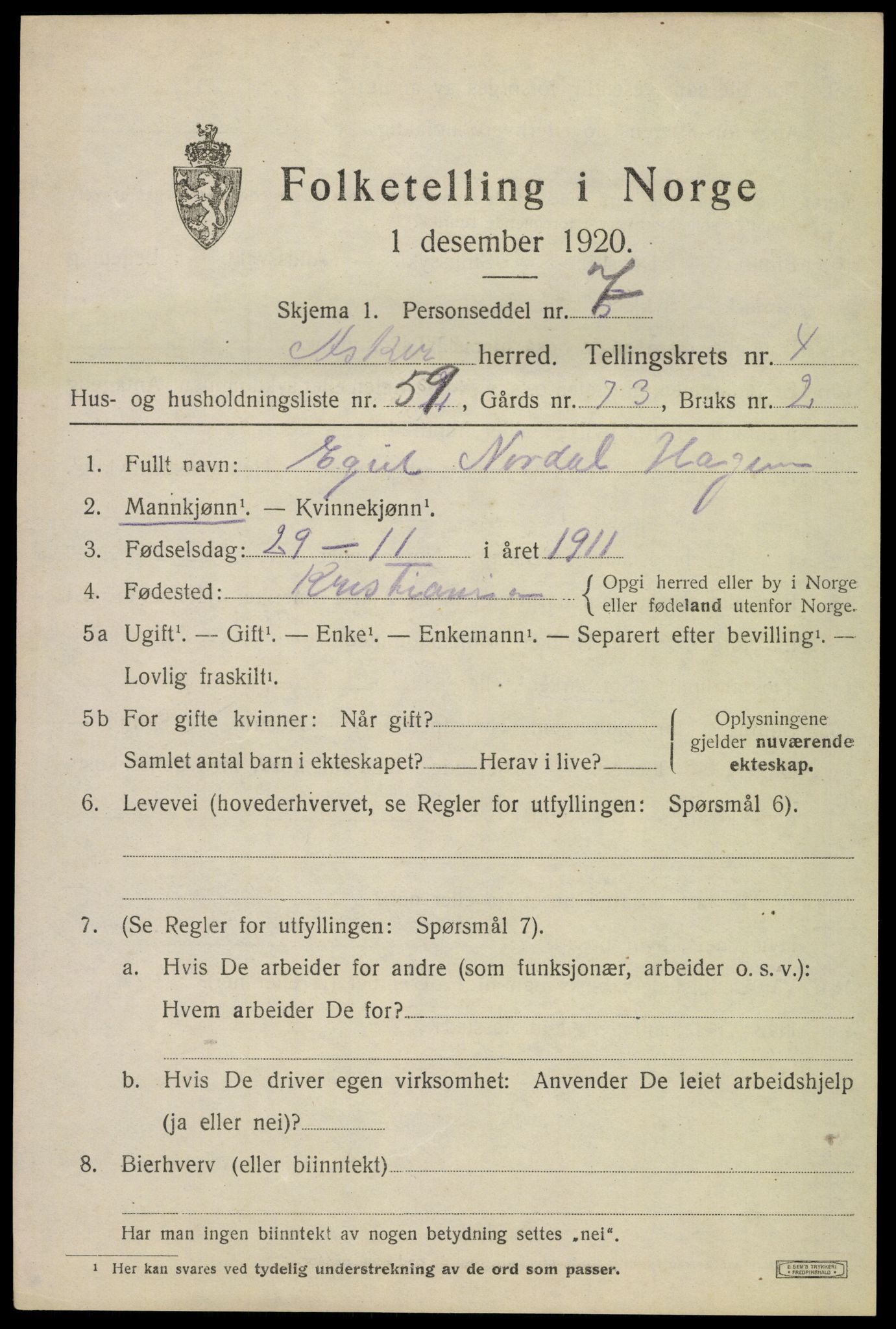 SAO, 1920 census for Asker, 1920, p. 11030