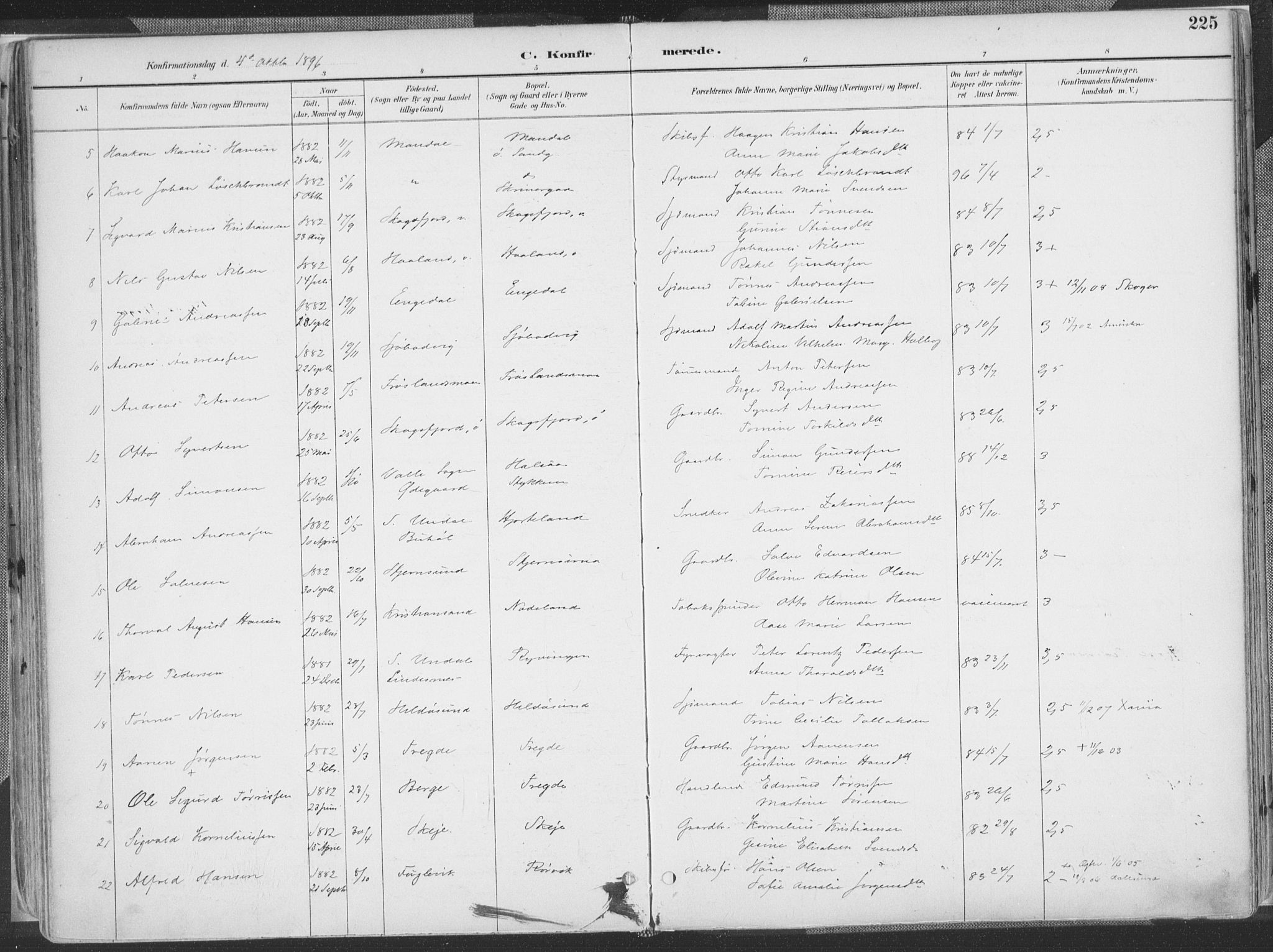 Mandal sokneprestkontor, SAK/1111-0030/F/Fa/Faa/L0018: Parish register (official) no. A 18, 1890-1905, p. 225