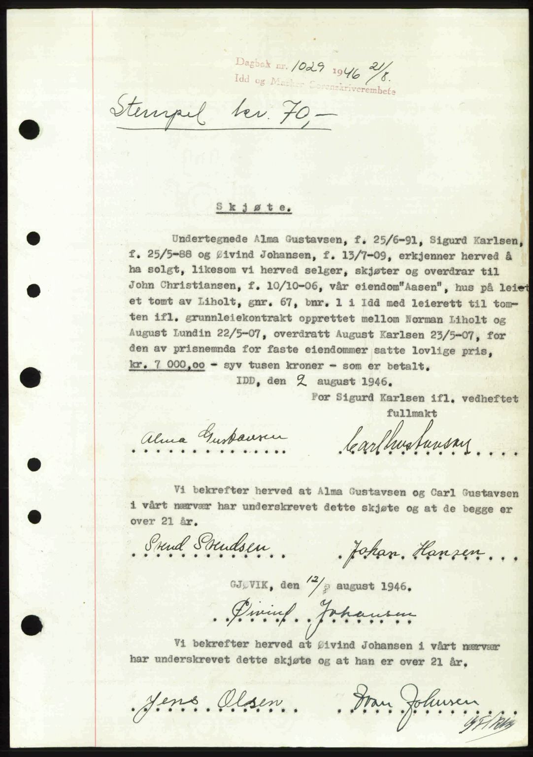 Idd og Marker sorenskriveri, AV/SAO-A-10283/G/Gb/Gbb/L0008: Mortgage book no. A8, 1946-1946, Diary no: : 1029/1946