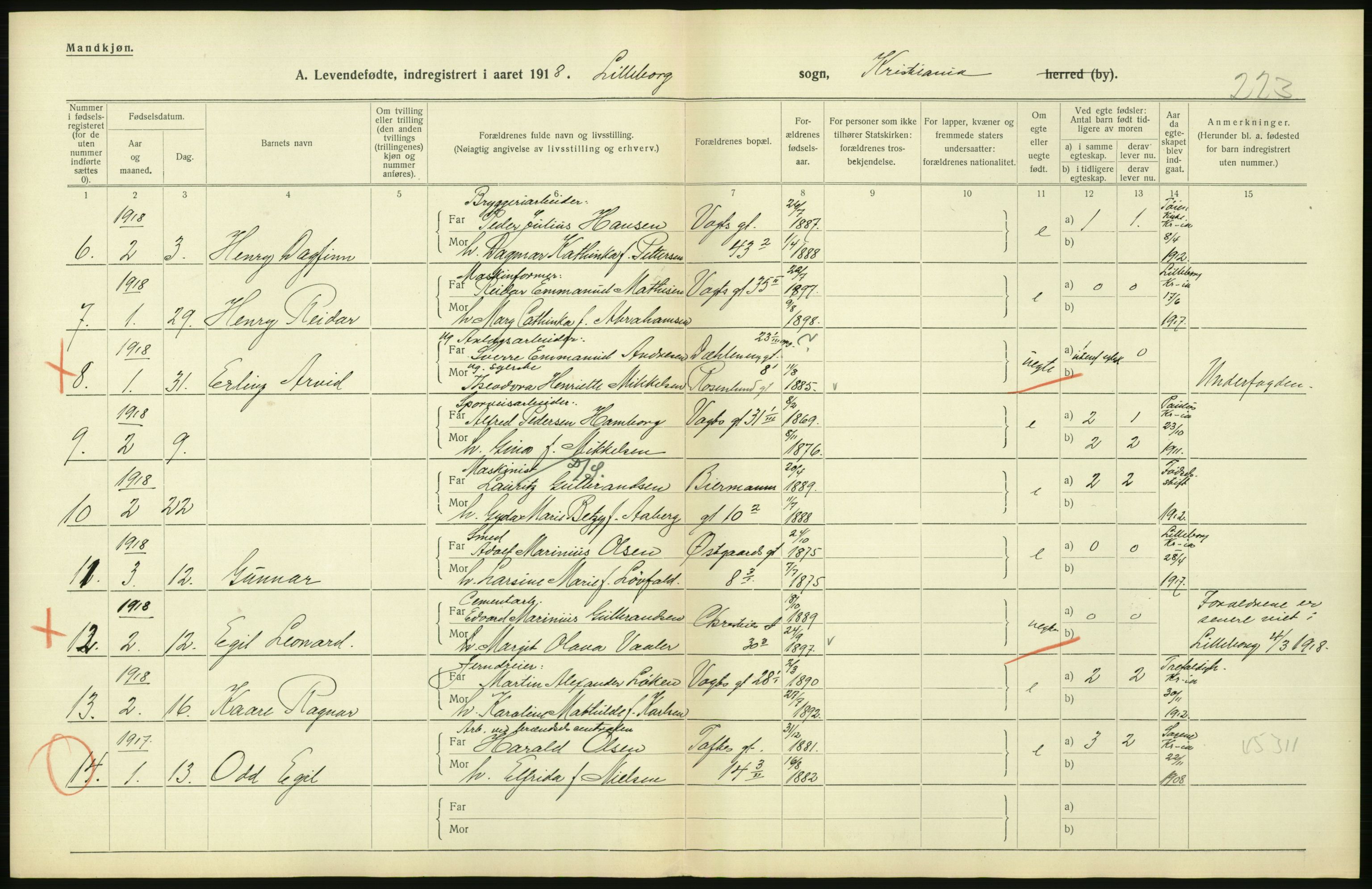 Statistisk sentralbyrå, Sosiodemografiske emner, Befolkning, AV/RA-S-2228/D/Df/Dfb/Dfbh/L0008: Kristiania: Levendefødte menn og kvinner., 1918, p. 858