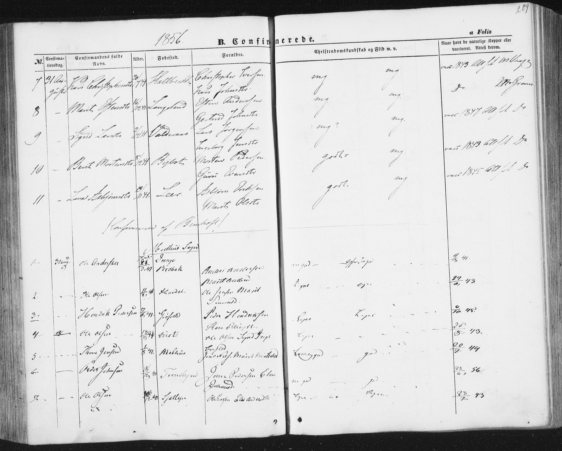 Ministerialprotokoller, klokkerbøker og fødselsregistre - Sør-Trøndelag, AV/SAT-A-1456/691/L1076: Parish register (official) no. 691A08, 1852-1861, p. 209