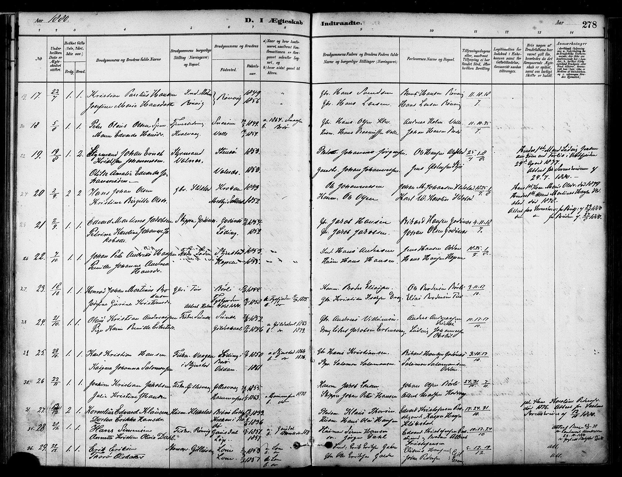 Ministerialprotokoller, klokkerbøker og fødselsregistre - Nordland, SAT/A-1459/802/L0054: Parish register (official) no. 802A01, 1879-1893, p. 278