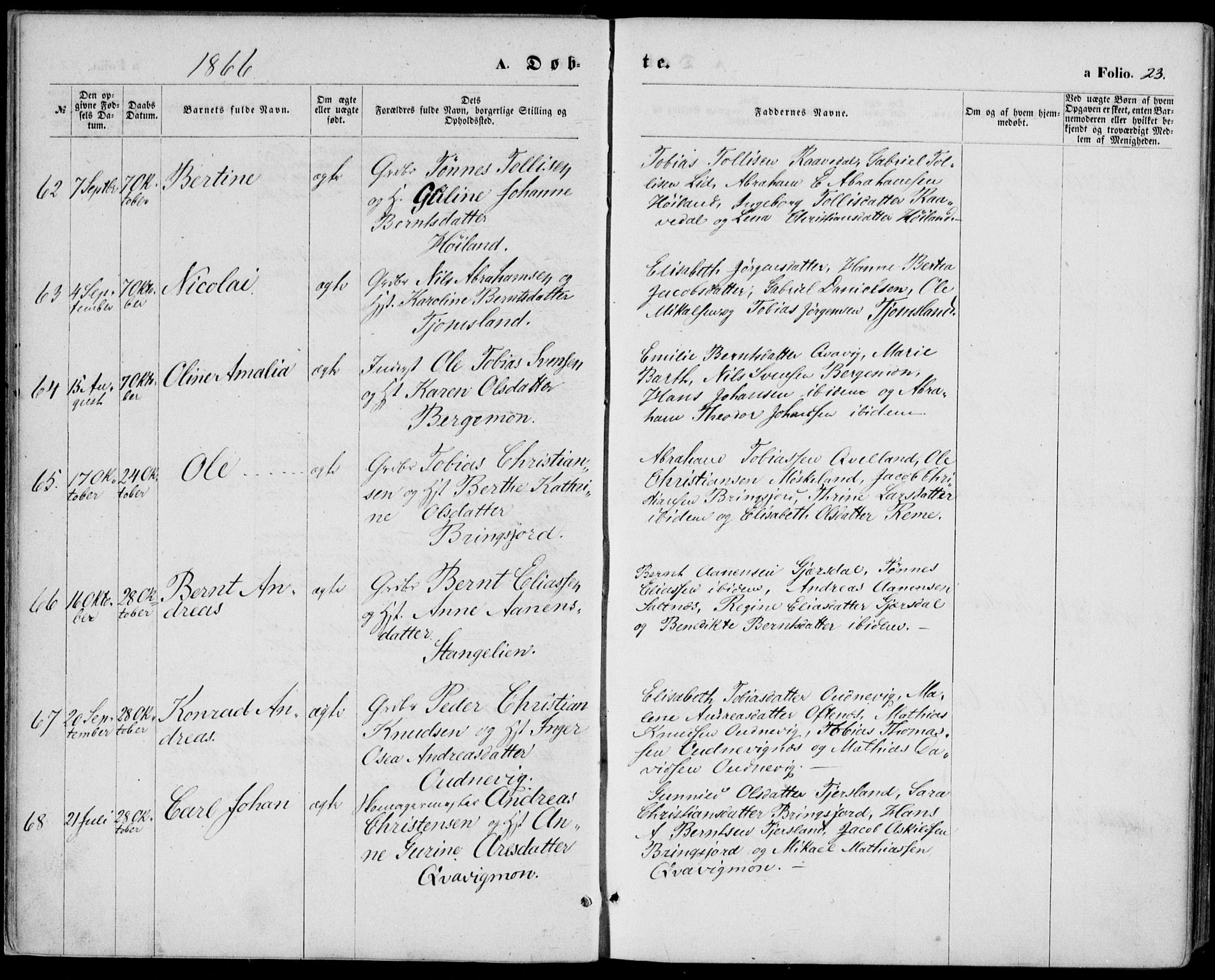 Lyngdal sokneprestkontor, AV/SAK-1111-0029/F/Fa/Fac/L0010: Parish register (official) no. A 10, 1865-1878, p. 23