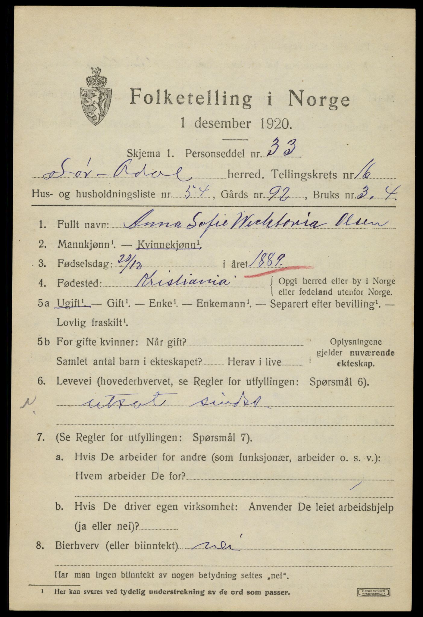 SAH, 1920 census for Sør-Odal, 1920, p. 17001