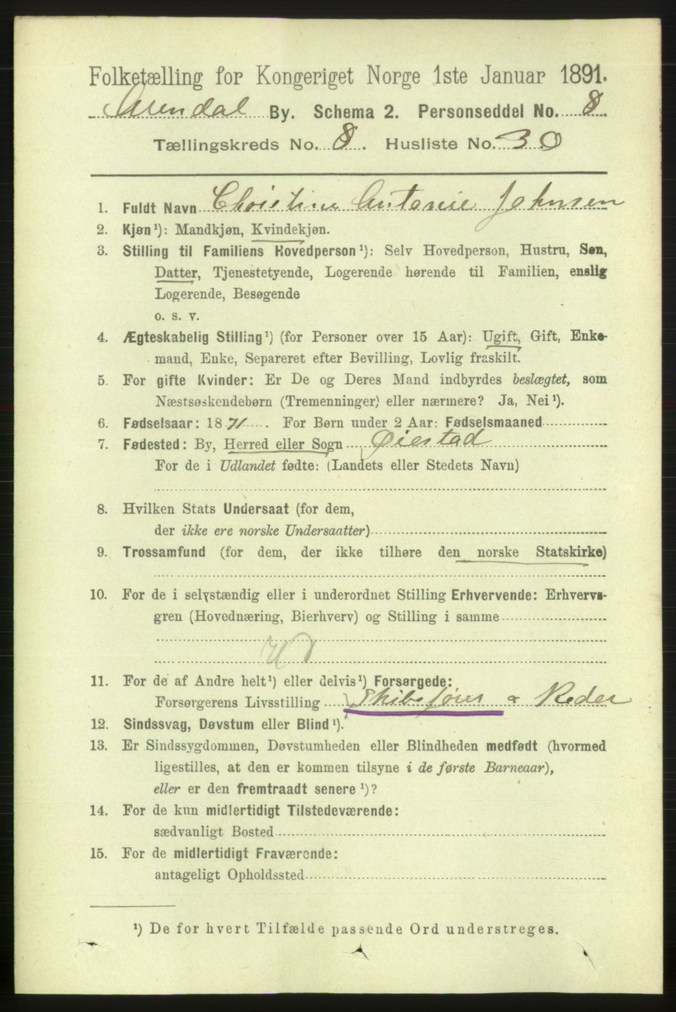 RA, 1891 census for 0903 Arendal, 1891, p. 3215