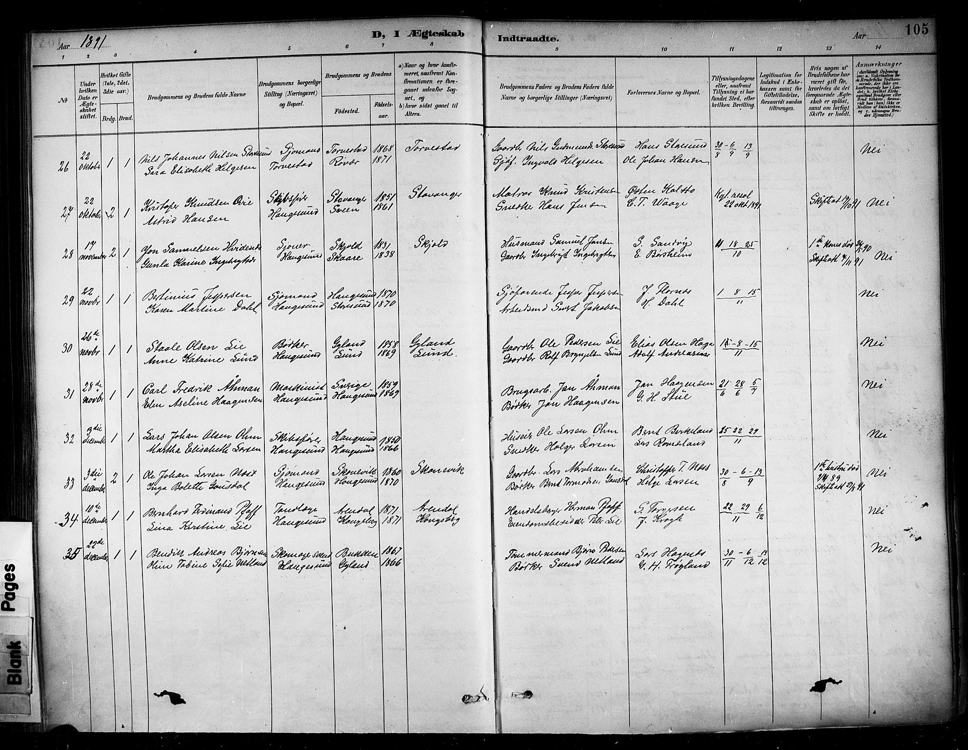 Haugesund sokneprestkontor, SAST/A -101863/H/Ha/Haa/L0005: Parish register (official) no. A 5, 1891-1903, p. 105