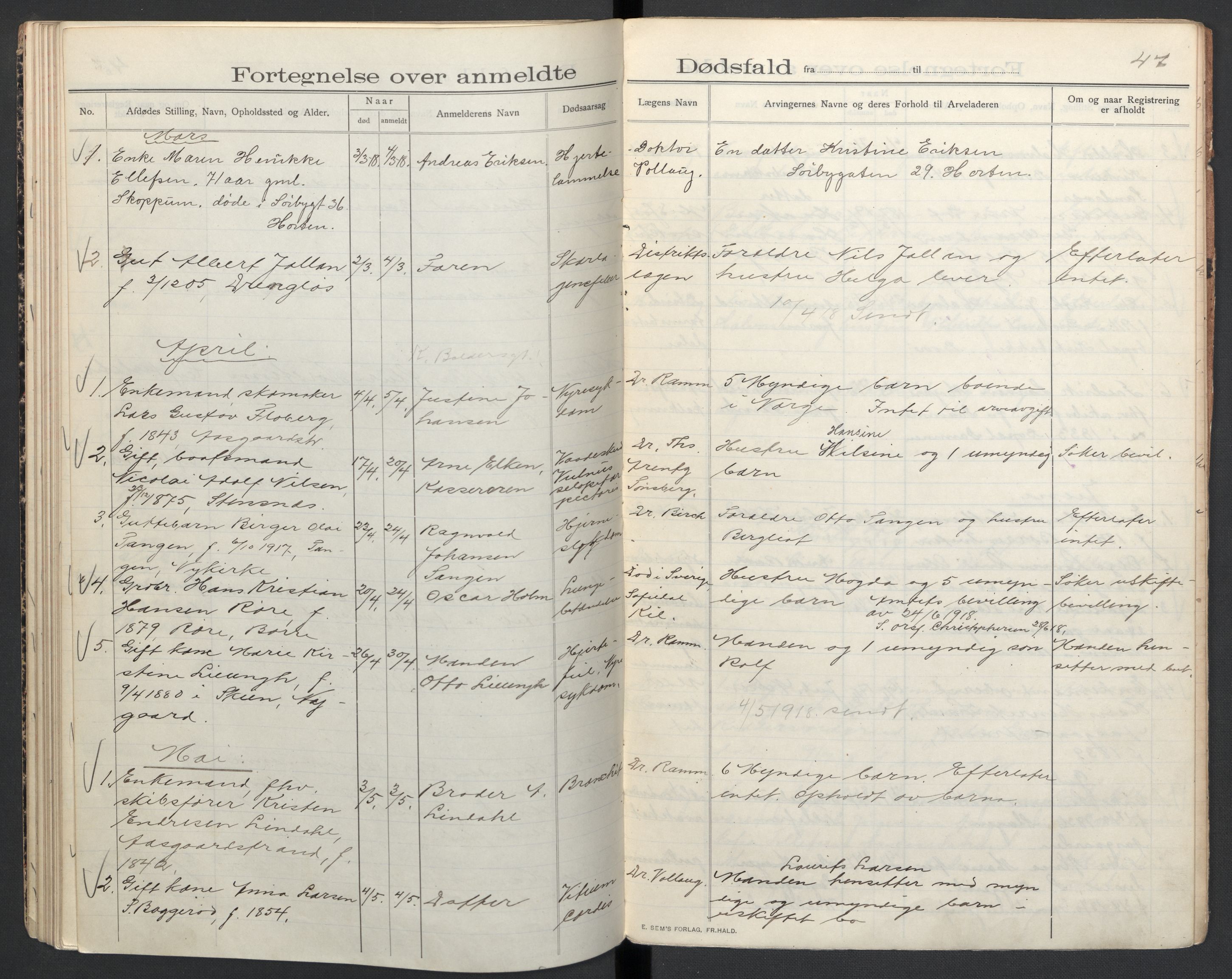 Borre lensmannskontor, AV/SAKO-A-533/H/Ha/L0005: Dødsfallsprotokoll, 1908-1918, p. 47