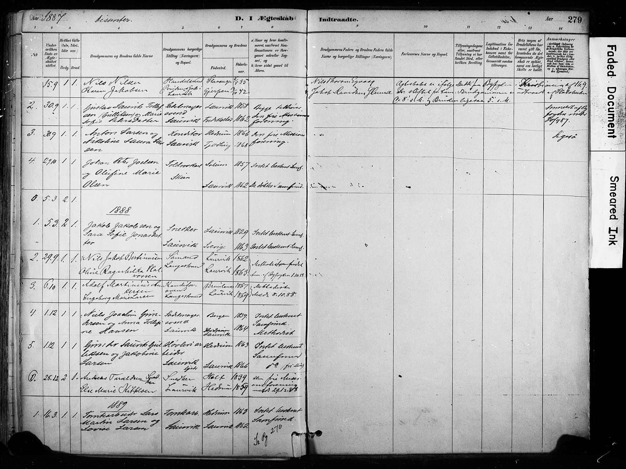 Larvik kirkebøker, SAKO/A-352/F/Fa/L0008: Parish register (official) no. I 8, 1884-1902, p. 279