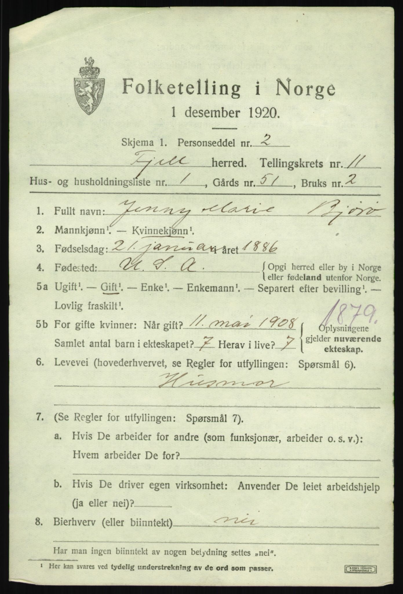 SAB, 1920 census for Fjell, 1920, p. 9838