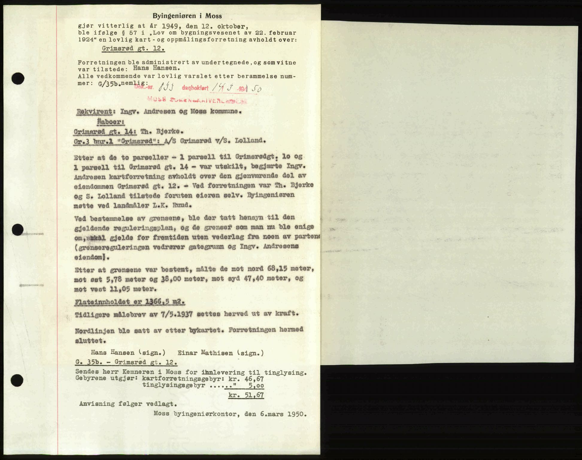 Moss sorenskriveri, SAO/A-10168: Mortgage book no. A25, 1950-1950, Diary no: : 833/1950