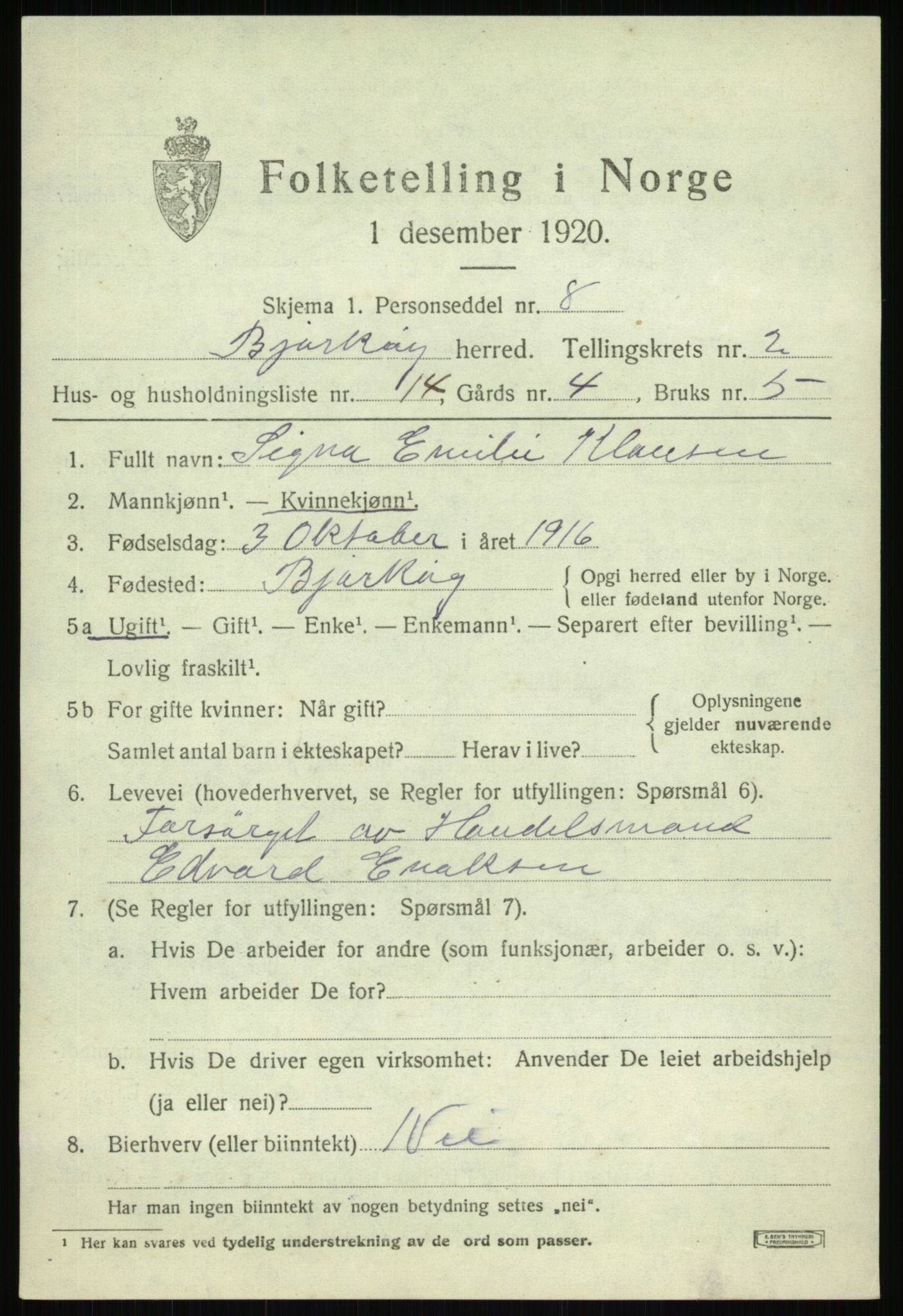 SATØ, 1920 census for Bjarkøy, 1920, p. 1251