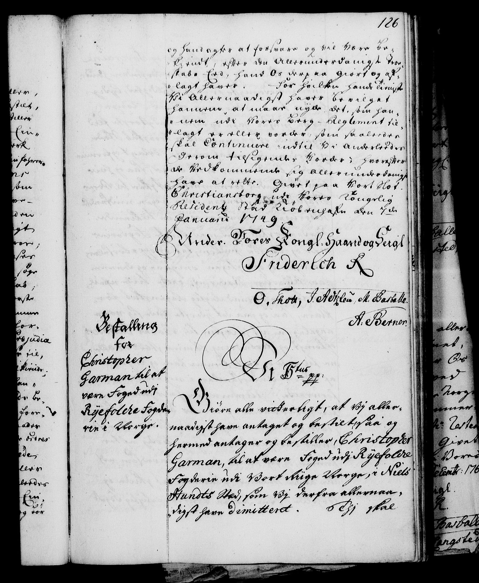 Rentekammeret, Kammerkanselliet, RA/EA-3111/G/Gg/Gge/L0003: Norsk bestallingsprotokoll med register (merket RK 53.27), 1745-1761, p. 126