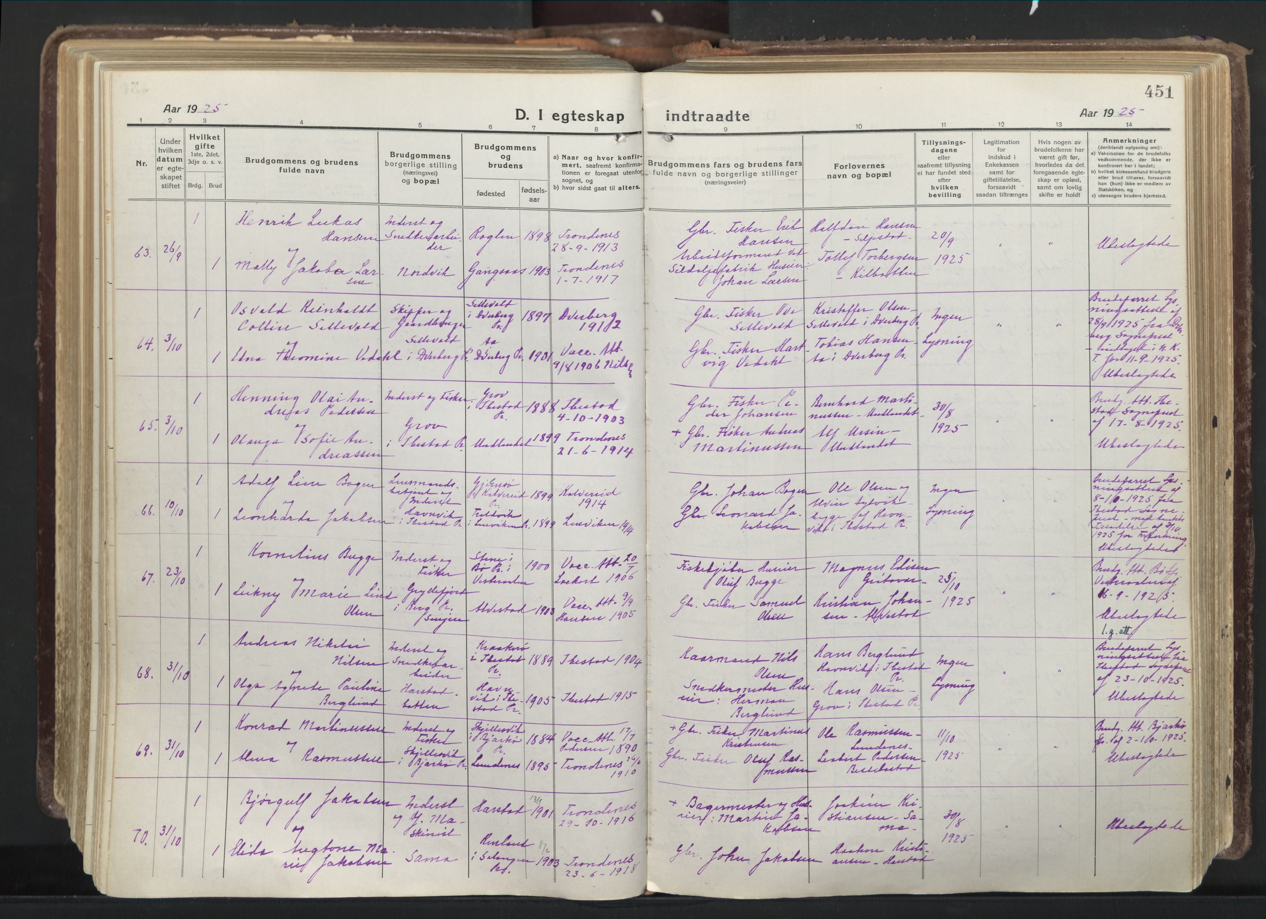 Trondenes sokneprestkontor, AV/SATØ-S-1319/H/Ha/L0019kirke: Parish register (official) no. 19, 1919-1928, p. 451