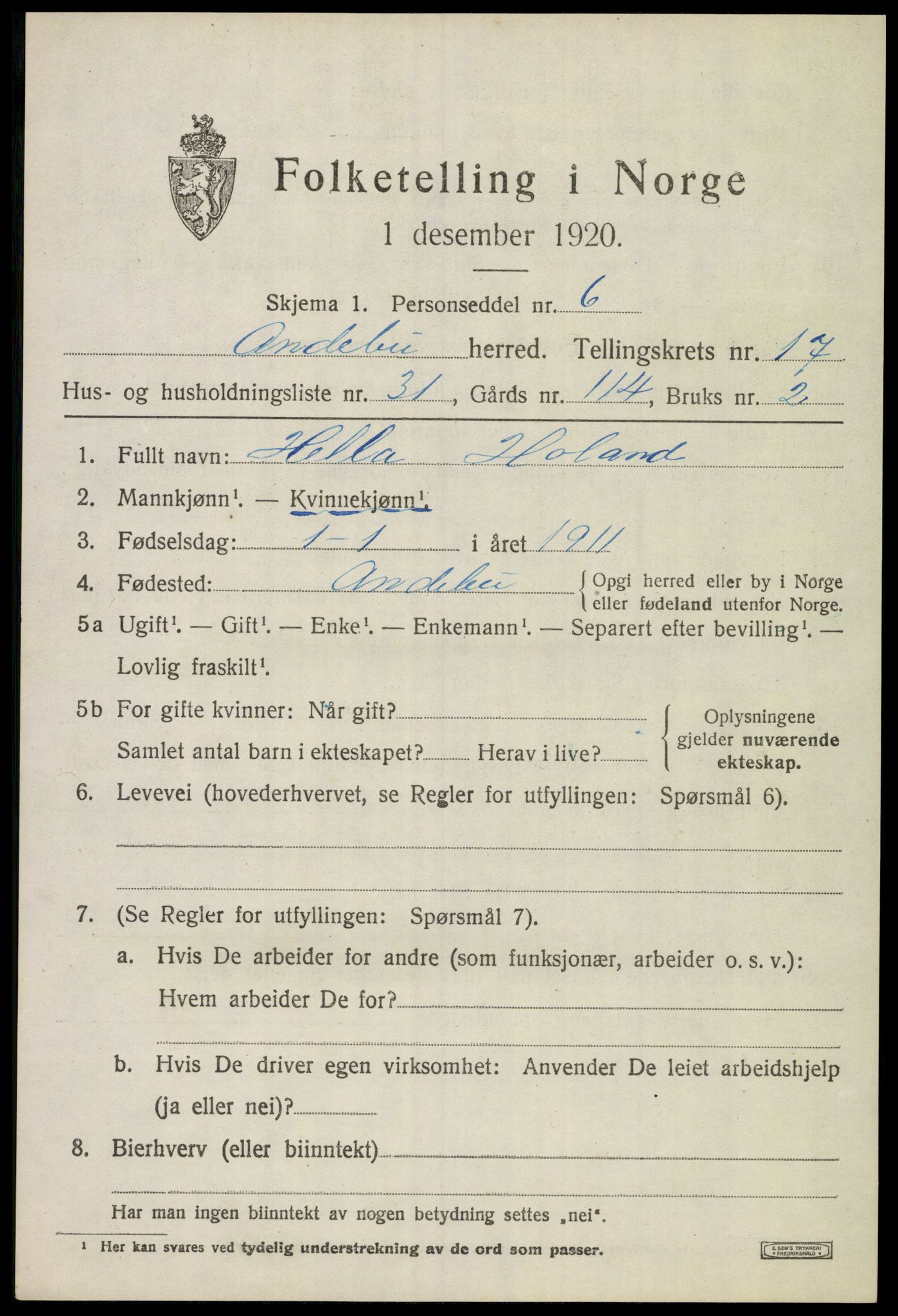 SAKO, 1920 census for Andebu, 1920, p. 6040