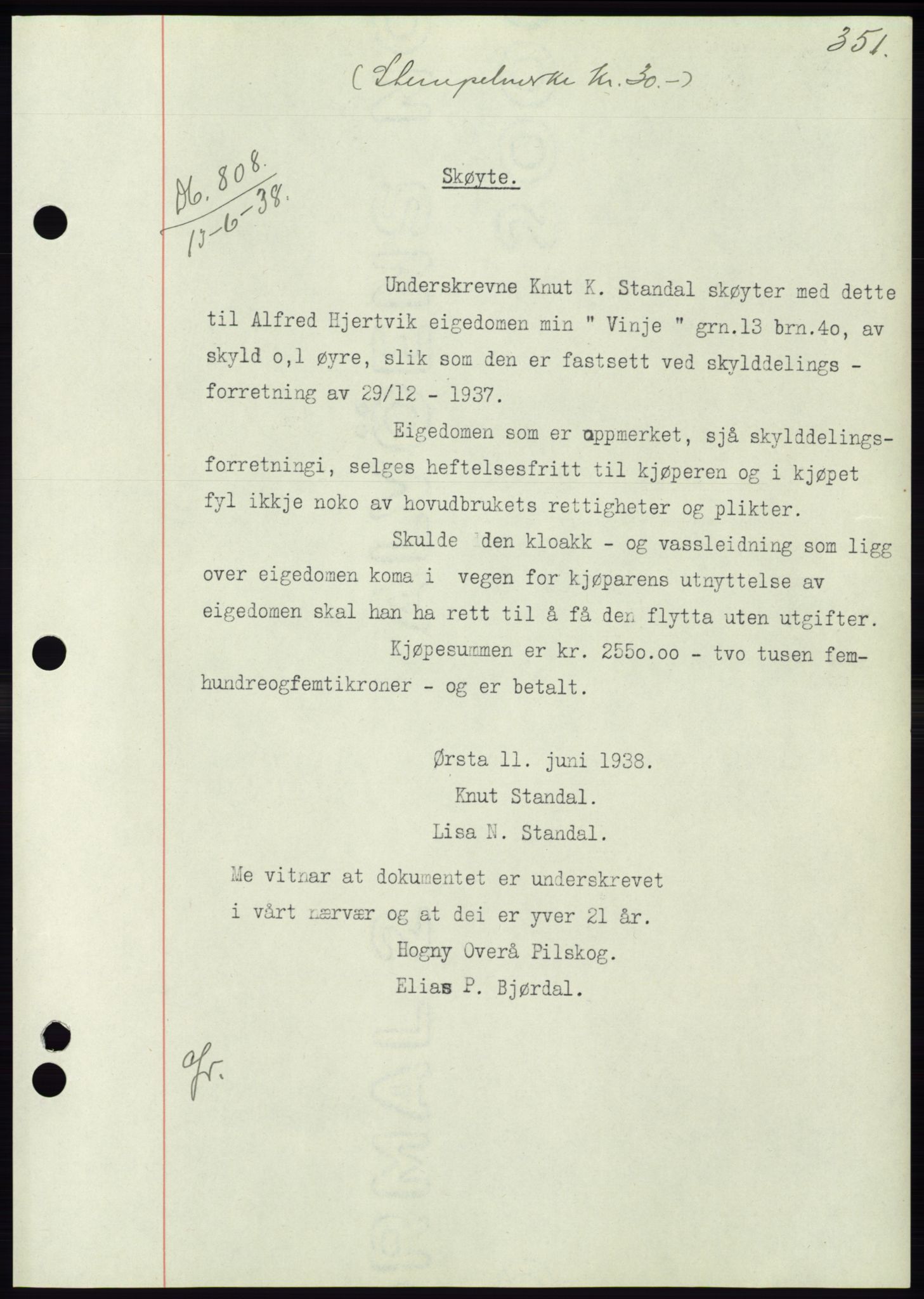 Søre Sunnmøre sorenskriveri, AV/SAT-A-4122/1/2/2C/L0065: Mortgage book no. 59, 1938-1938, Diary no: : 808/1938